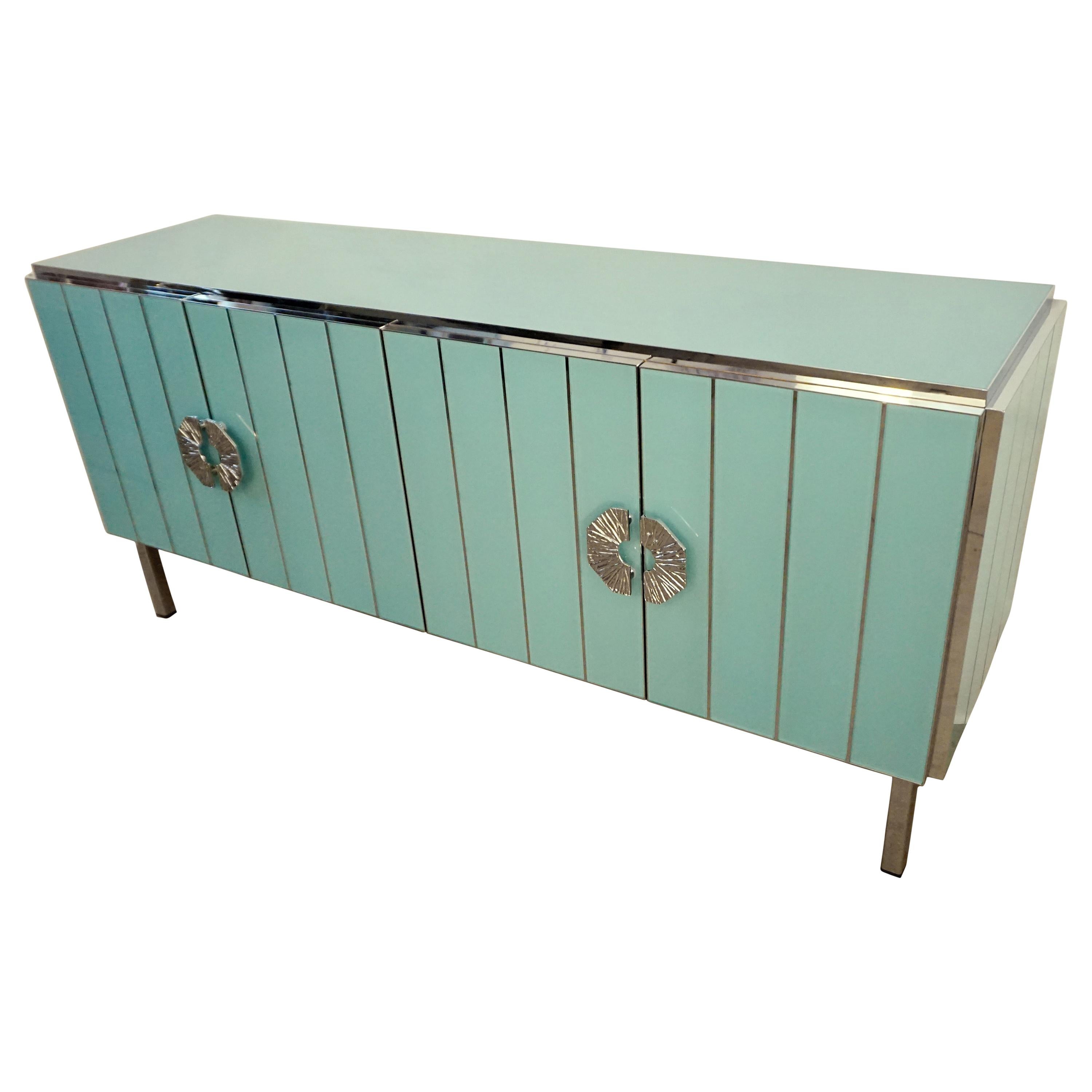 Contemporary Italian Art Deco Style Aqua Turquoise Glass Nickel Modern  Cabinet For Sale at 1stDibs | aqua sideboard, turquoise sideboard,  turquoise credenza