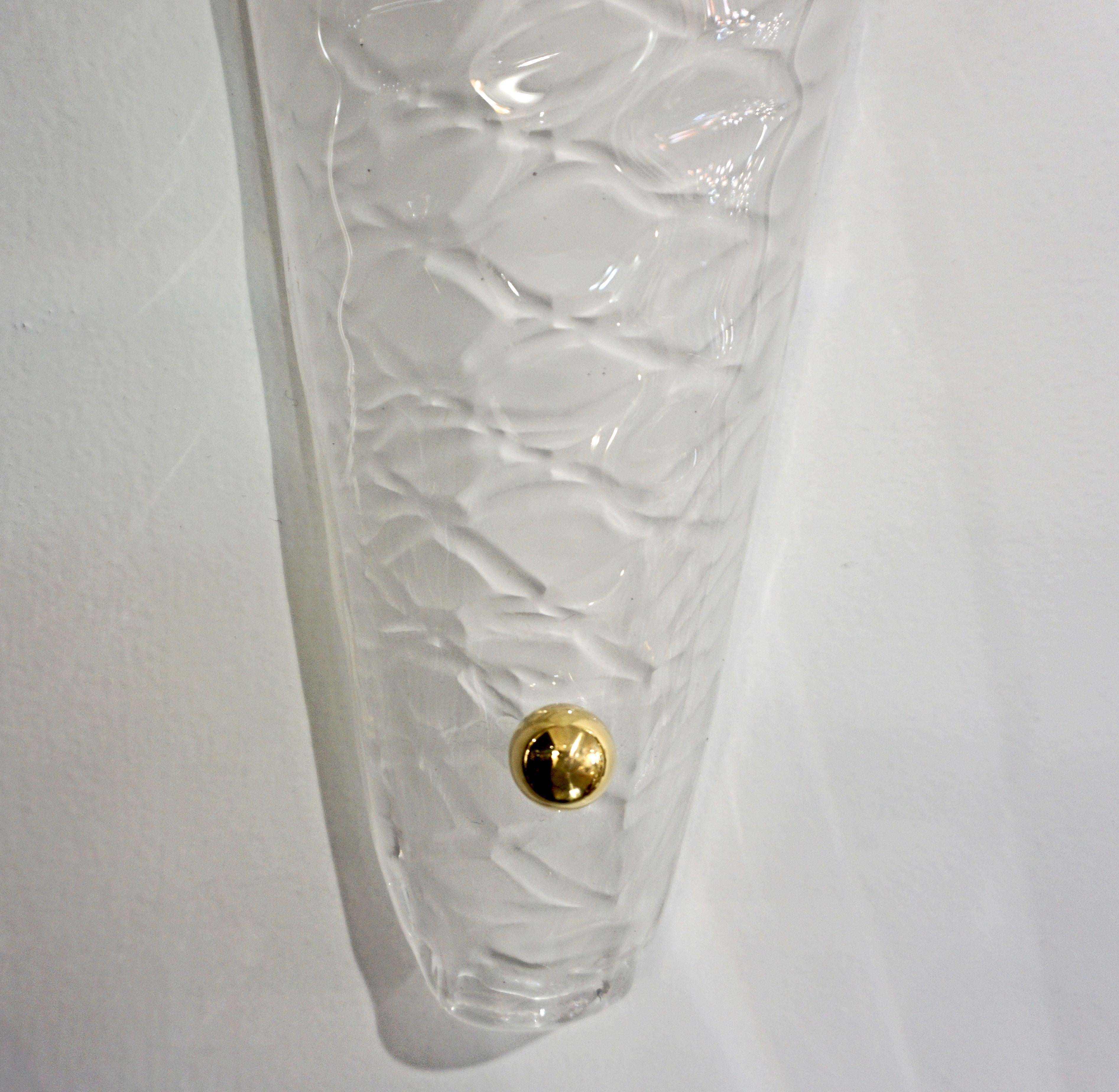 Brass Contemporary Italian Art Deco Style Frosted White Murano Glass Rhombus Sconces