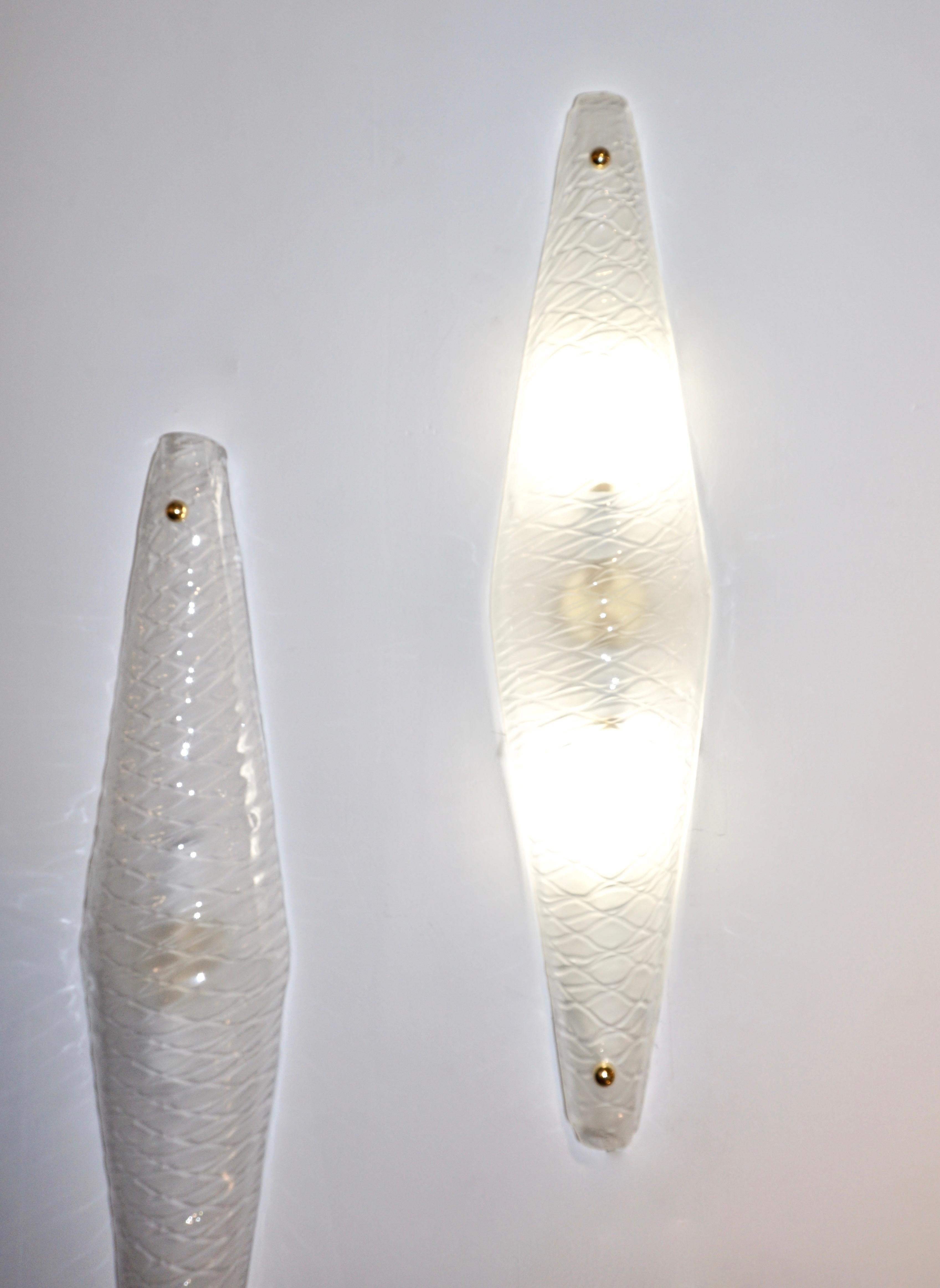 Contemporary Italian Art Deco Style Frosted White Murano Glass Rhombus Sconces 3