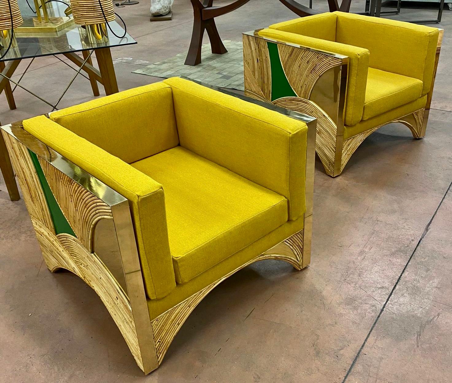 Contemporary Italian Bamboo Armchair with Green Brass Details & Yellow Fabric For Sale 4