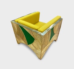 Contemporary Italian Bamboo Armchair with Green Brass Details & Yellow Fabric