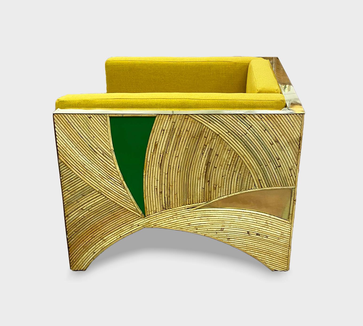 Organic Modern Contemporary Italian Bamboo Armchair with Green Brass Details & Yellow Fabric