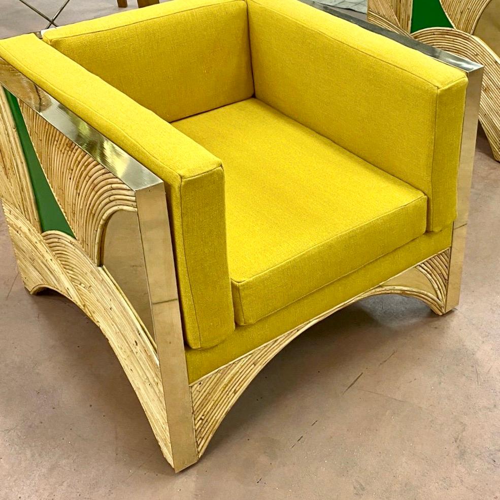 Contemporary Italian Bamboo Armchair with Green Brass Details & Yellow Fabric For Sale 3
