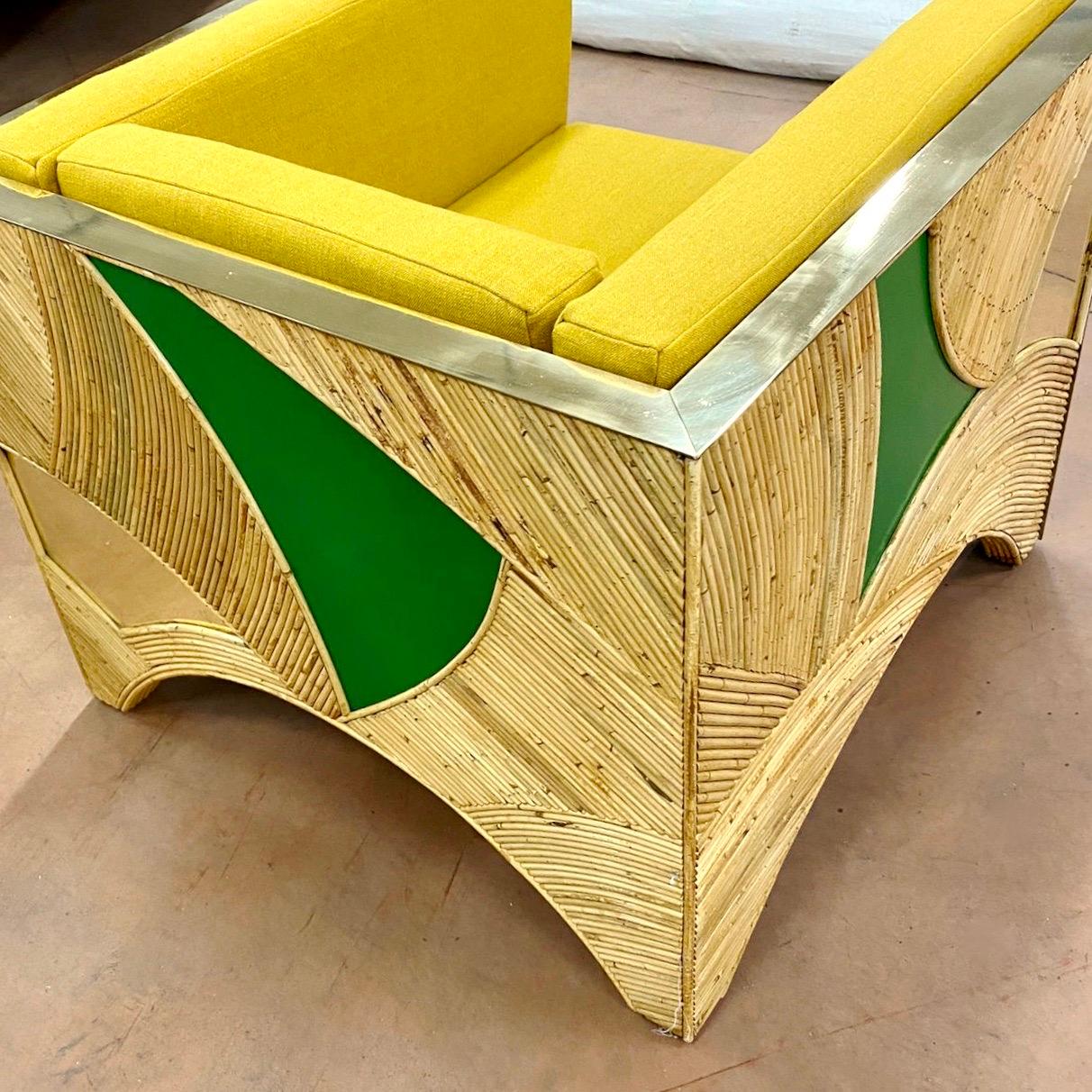Contemporary Italian Bamboo Armchair with Green Brass Details & Yellow Fabric 4