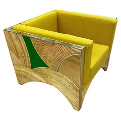 Contemporary Italian Bamboo Armchair with Green Brass Details & Yellow Fabric