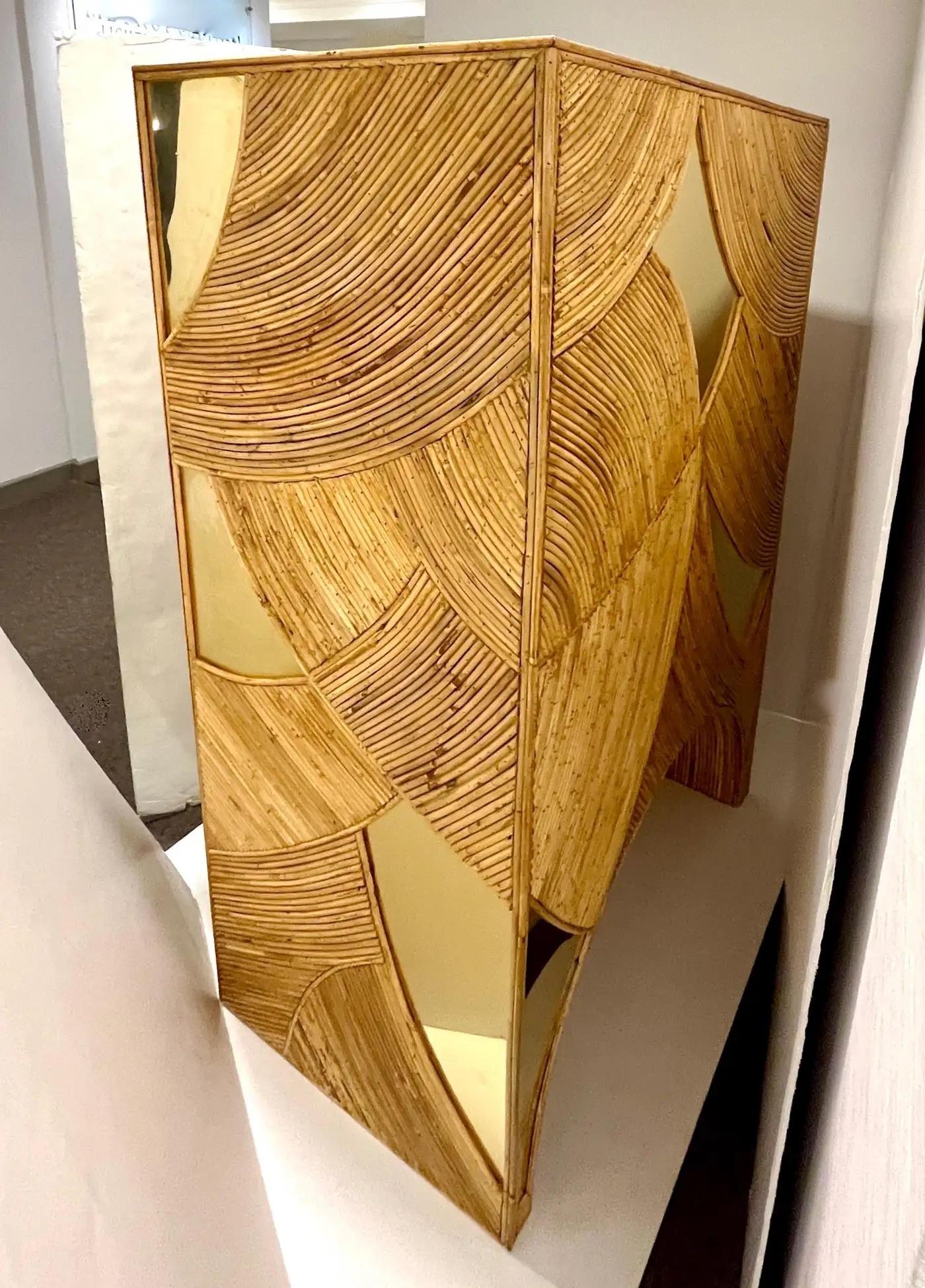 Contemporary Italian Bamboo Cabinet Bar with 2 Door 2 Glass Shelf Brass Details For Sale 9
