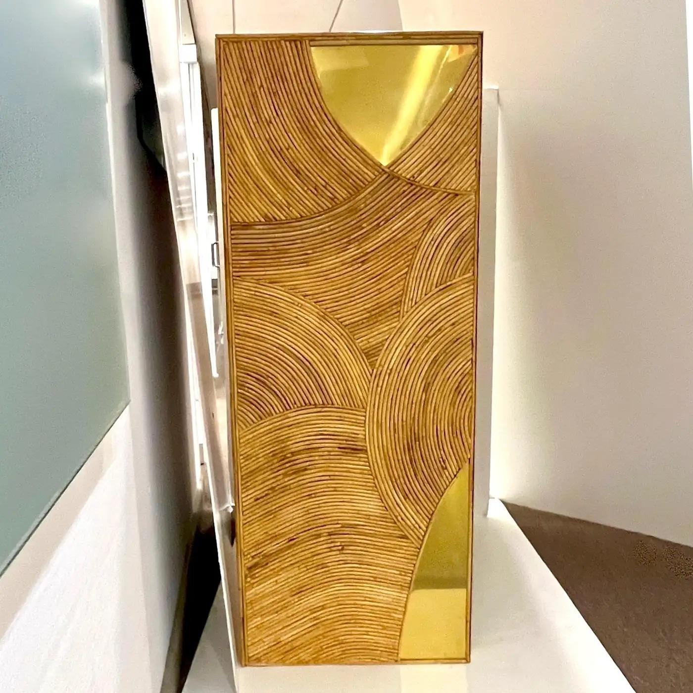 Contemporary Italian Bamboo Cabinet Bar with 2 Door 2 Glass Shelf Brass Details For Sale 12