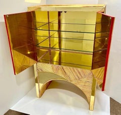 Contemporary Italian Bamboo Cabinet Bar with 2 Door 2 Glass Shelf Brass Details
