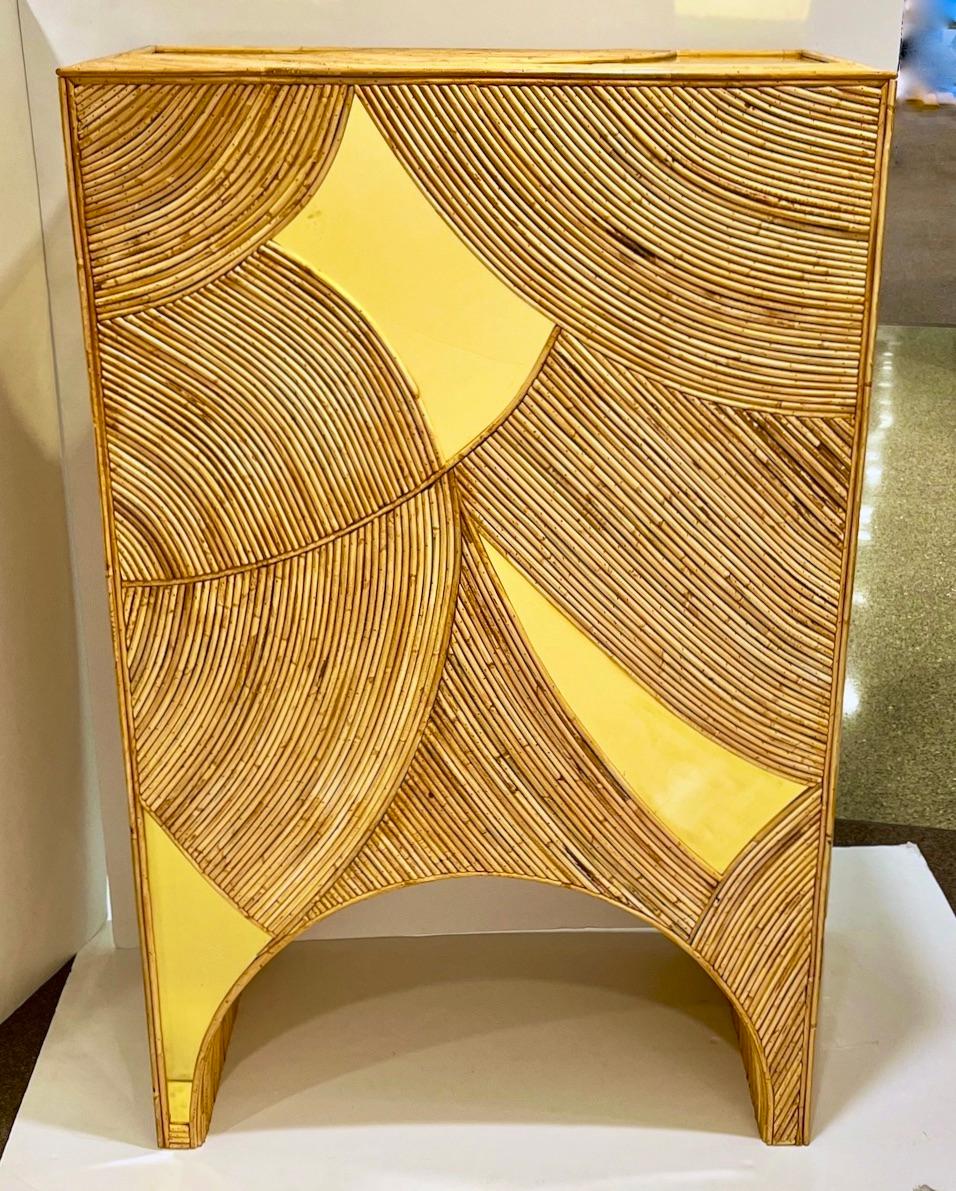 Organic Modern Contemporary Italian Bamboo Cabinet Bar with 2 Door 2 Glass Shelf Brass Details For Sale