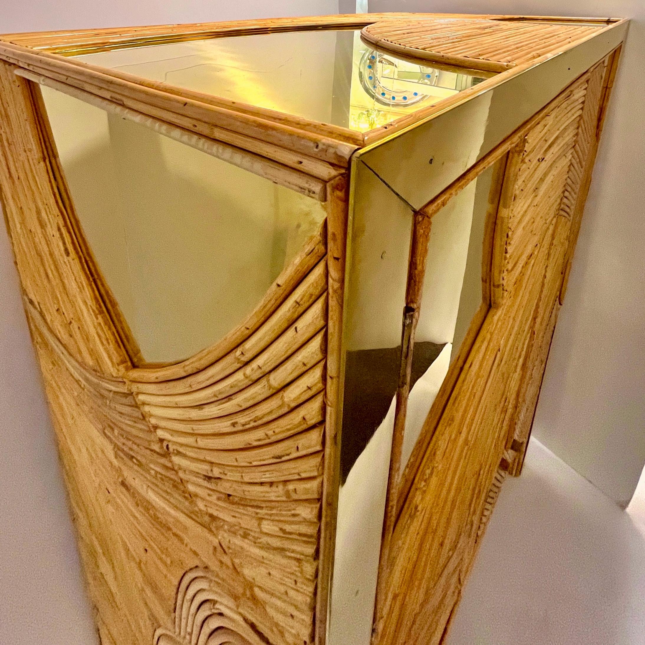 Contemporary Italian Bamboo Cabinet Bar with 2 Door 2 Glass Shelf Brass Details For Sale 2