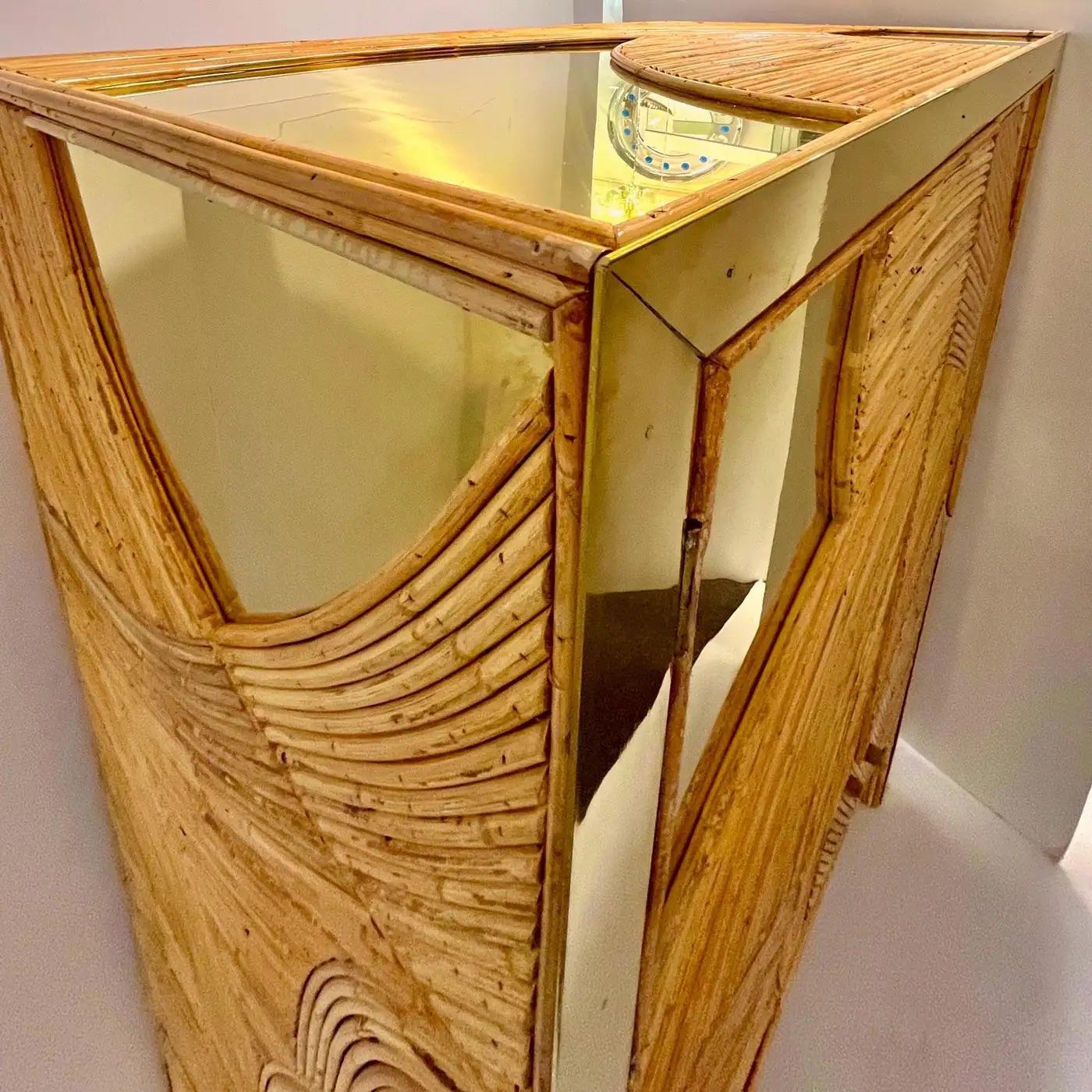 Contemporary Italian Bamboo Cabinet Bar with 2 Door 2 Glass Shelf Brass Details For Sale 2