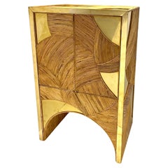 Contemporary Italian Bamboo Cabinet Bar with 2 Door 2 Glass Shelf Brass Details
