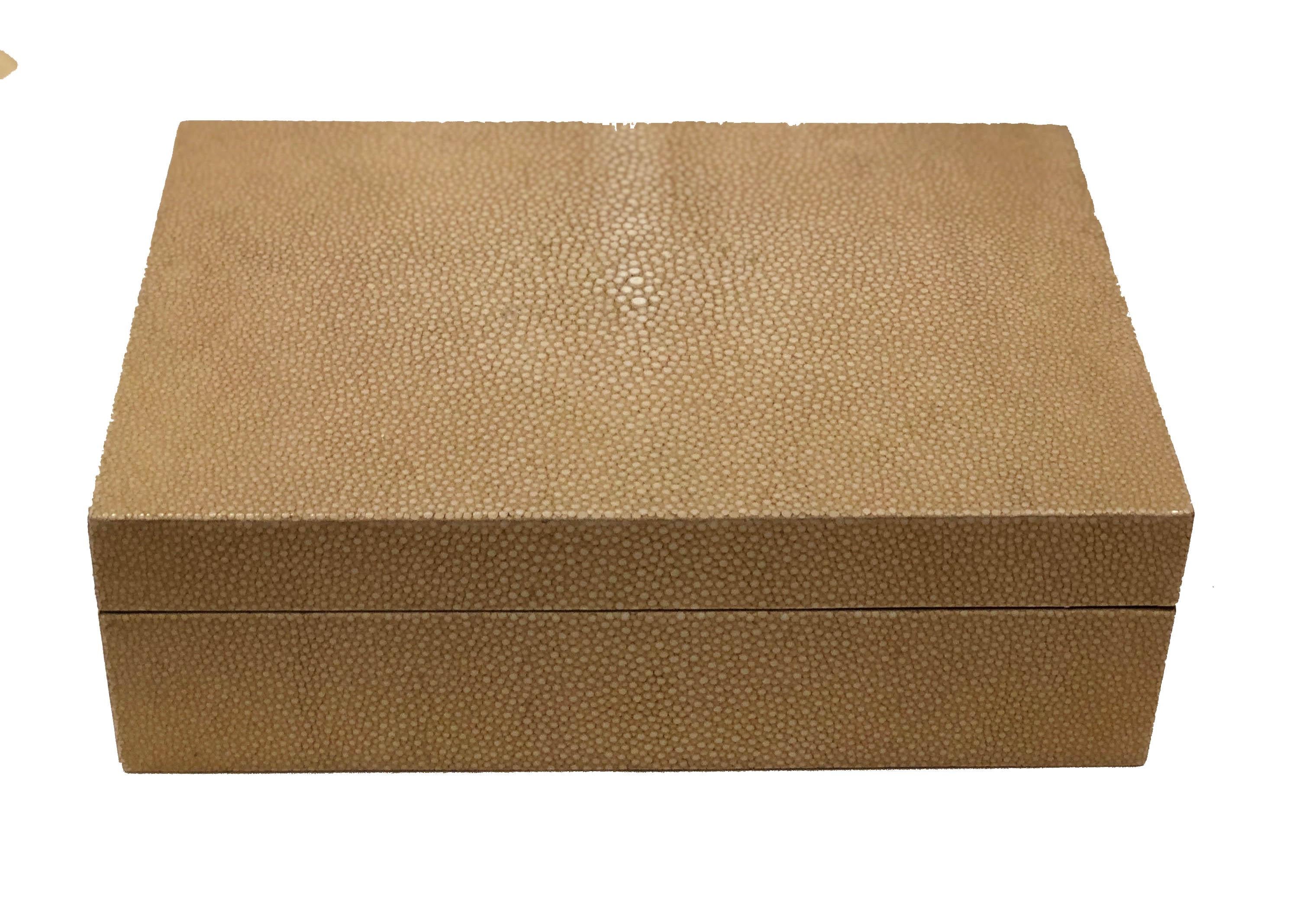 Contemporary rectangular beige shagreen box with a hinged lid and black suede interior (Made in Italy).
