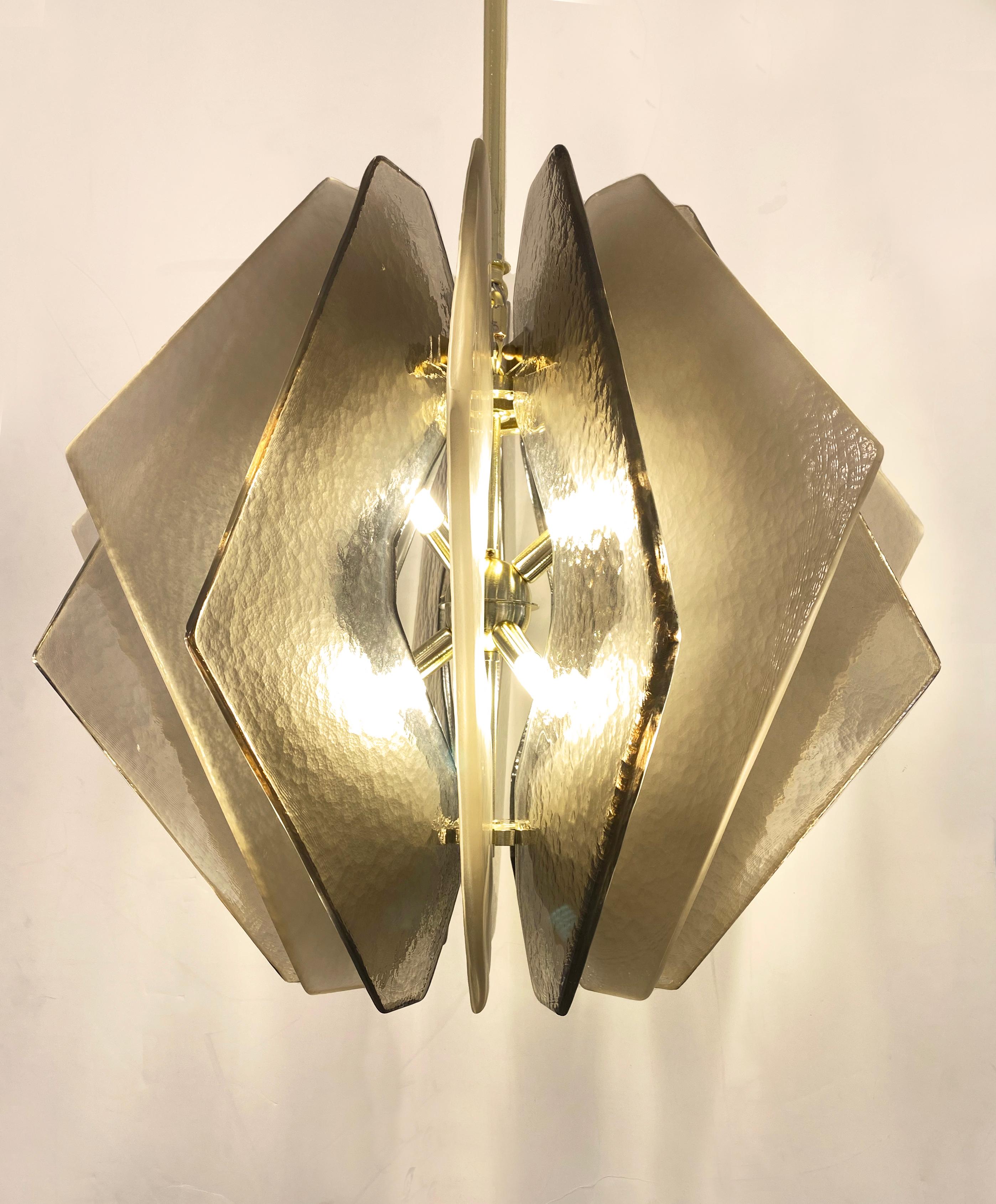 Contemporary Italian Beige Textured Murano Glass Satin Brass Pendant/Chandelier For Sale 6