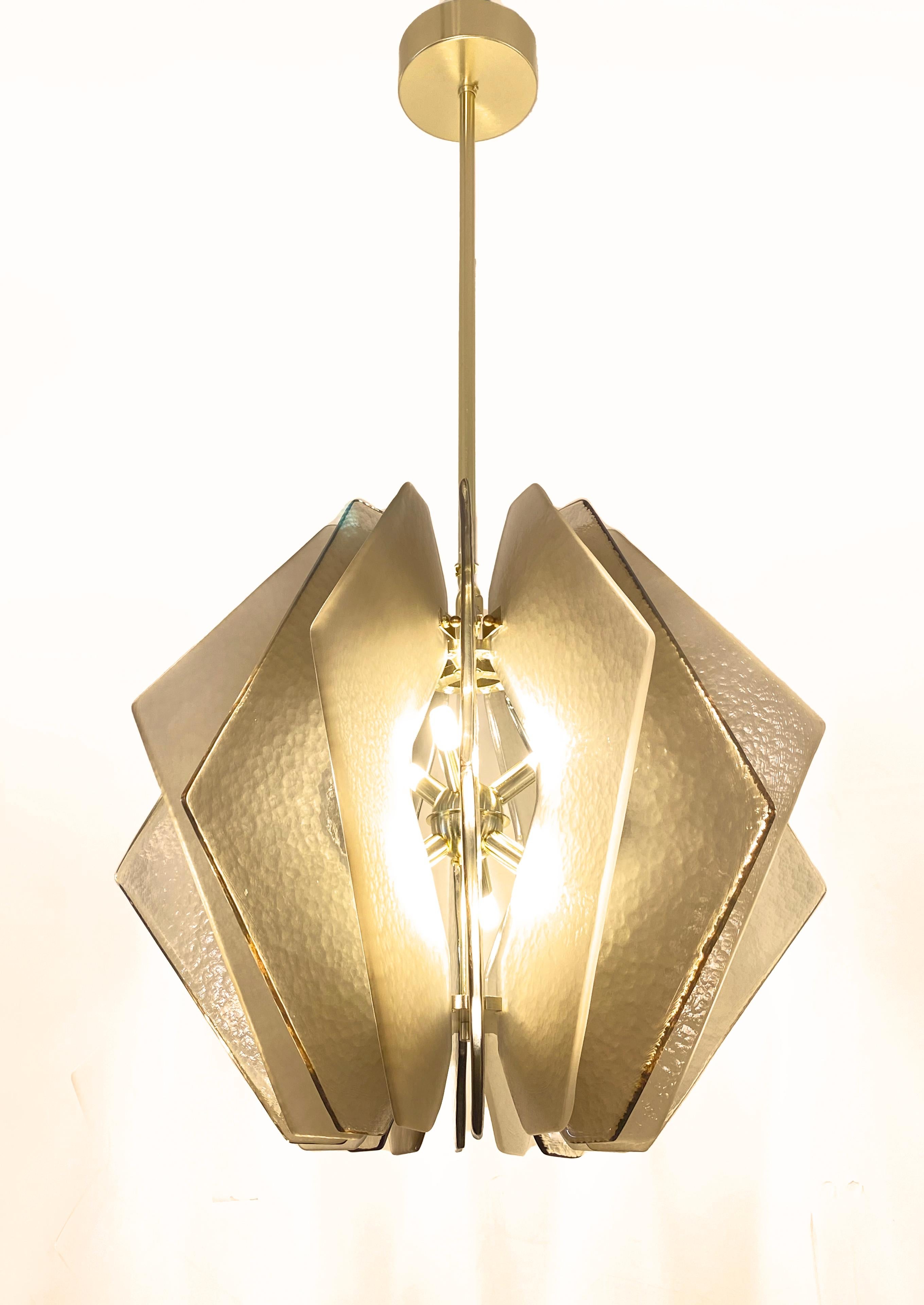 Organic Modern Contemporary Italian Beige Textured Murano Glass Satin Brass Pendant/Chandelier For Sale