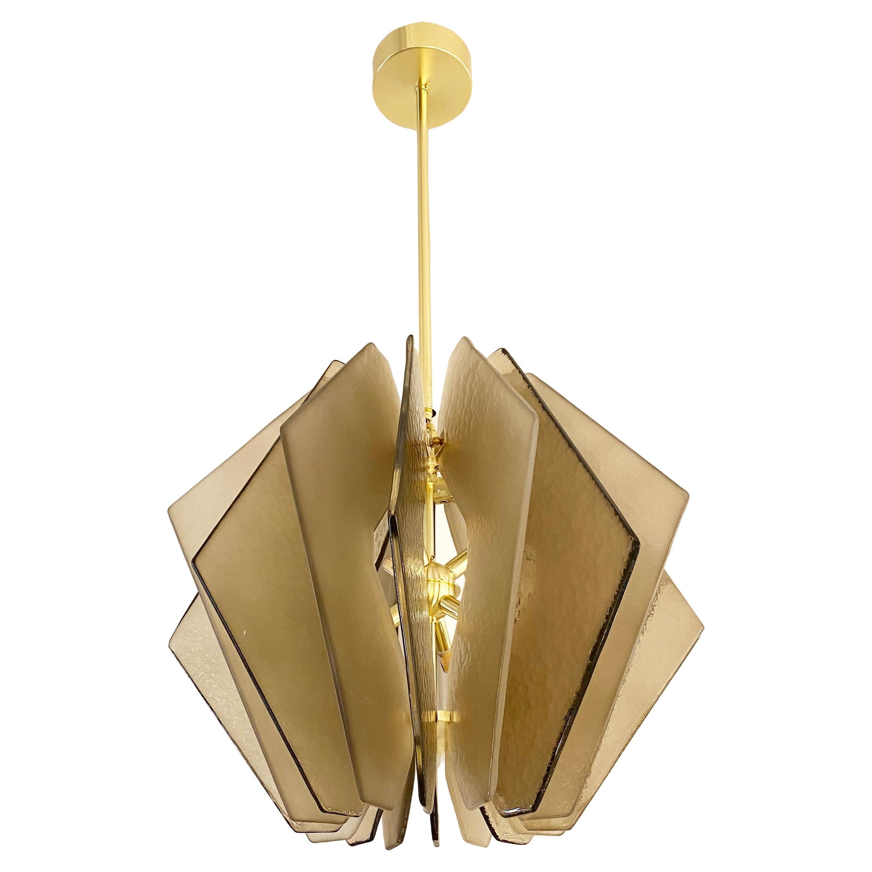 Contemporary Italian Beige Textured Murano Glass Satin Brass Pendant/Chandelier For Sale