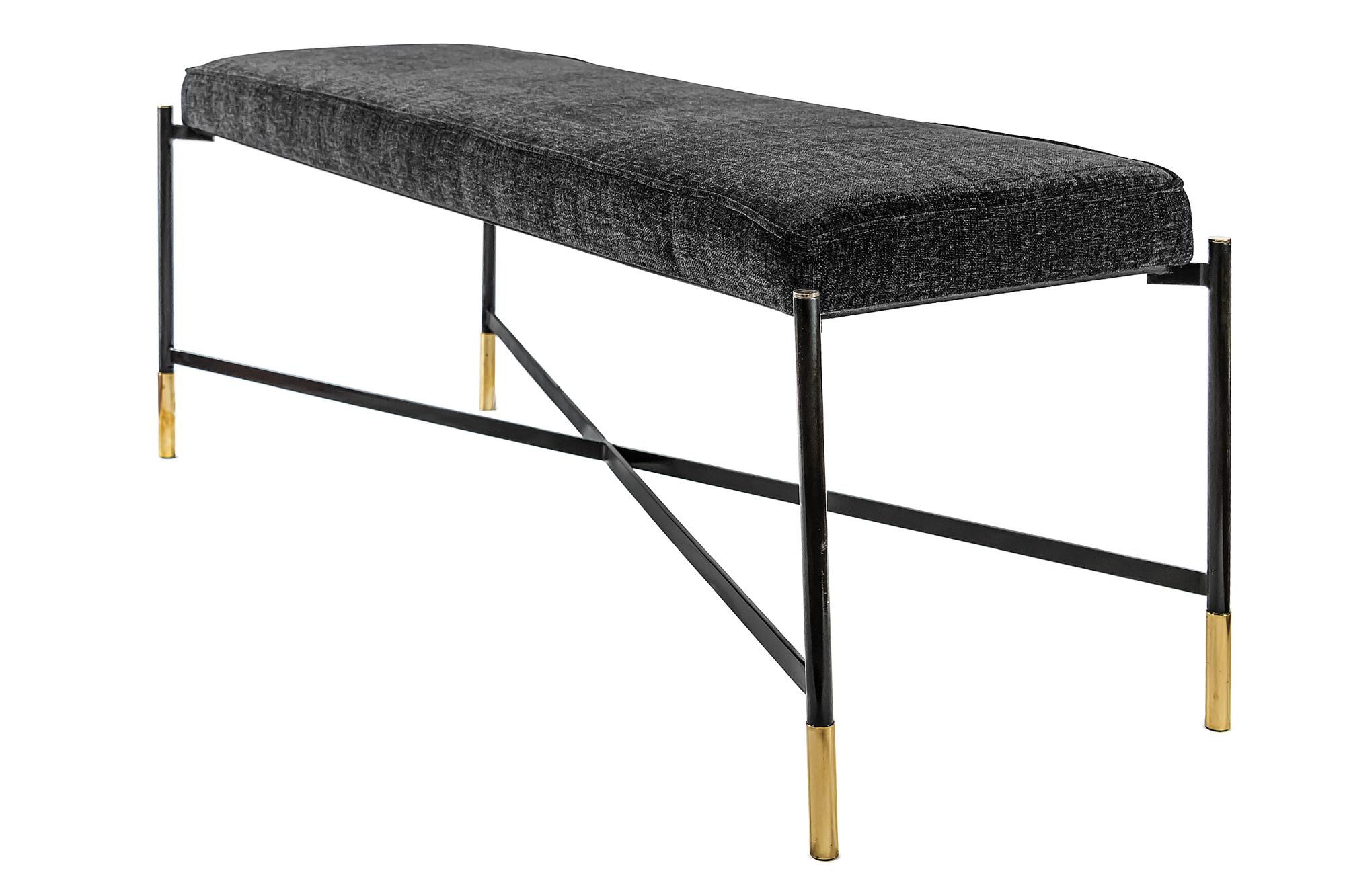 Contemporary Italian bench is made of metal legs decorated with brass details. The seat part is upholstered with black velour textile.