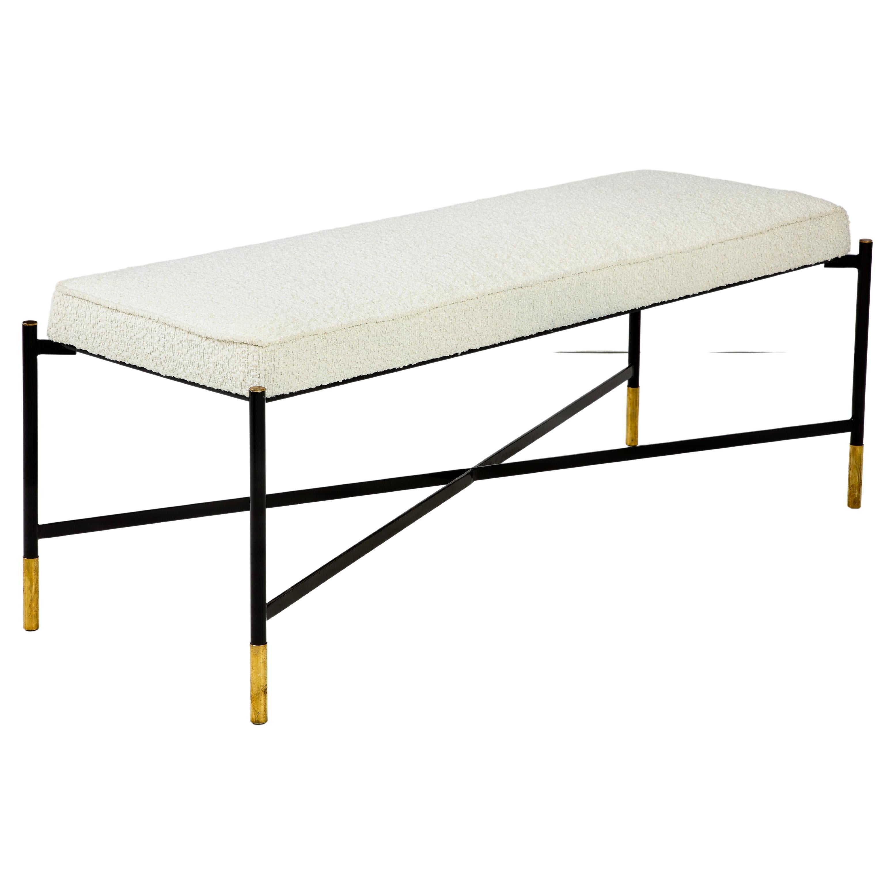 Contemporary Italian Black Metal Bench with White Upholstery For Sale