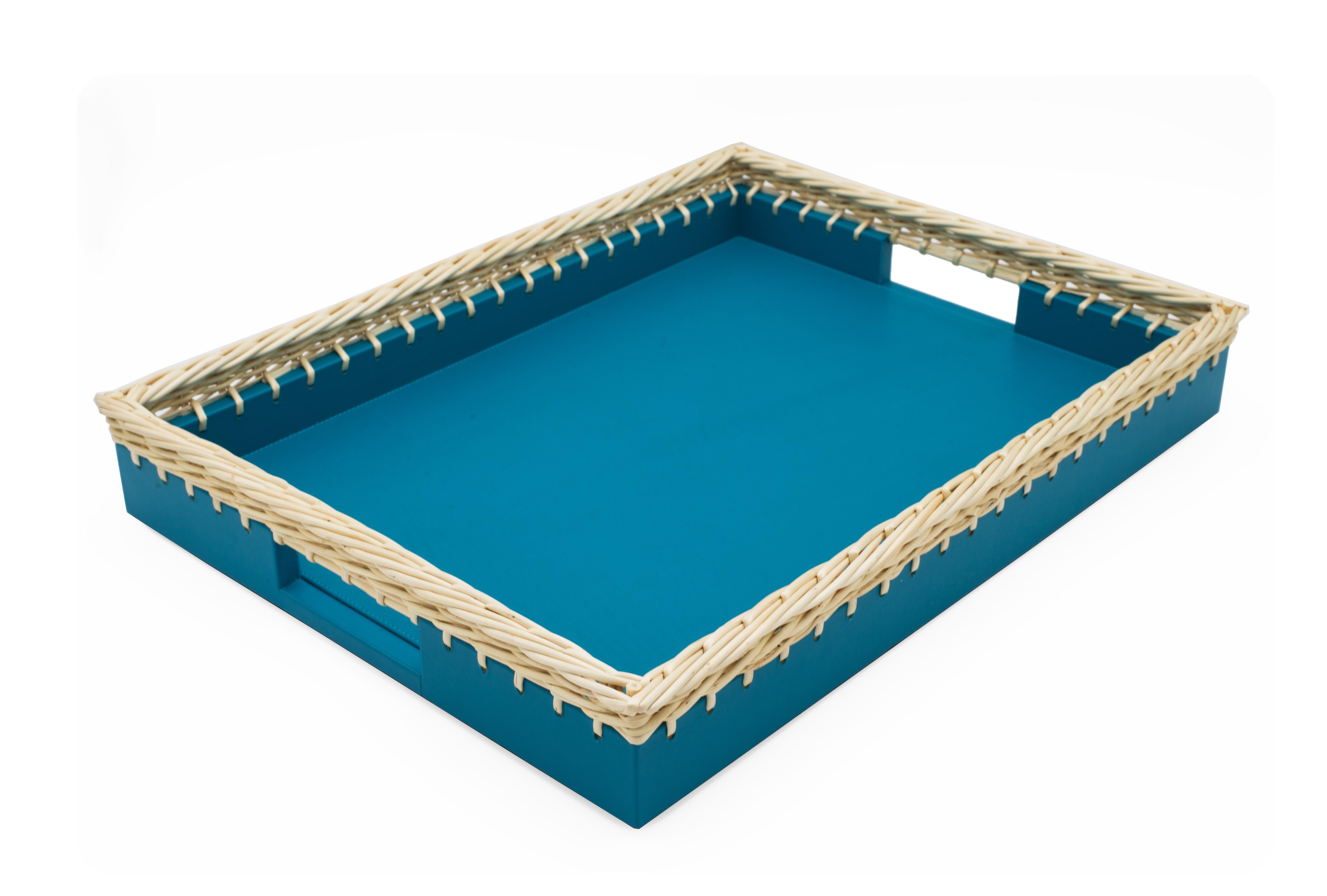 Contemporary rectangular blue leather tray with a woven wicker willow wood edge (Made in Italy).