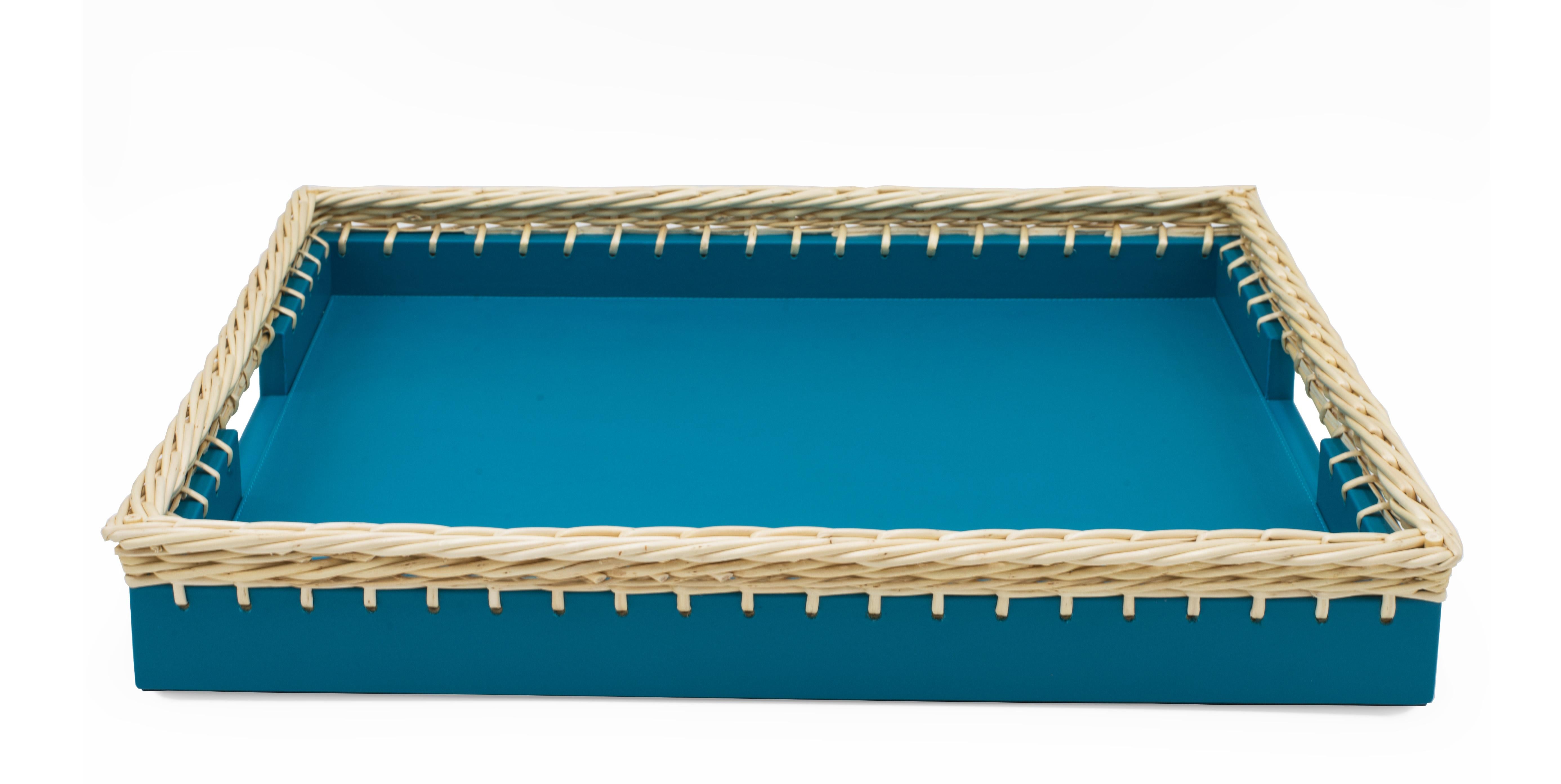 Contemporary Italian Blue Leather and Wicker Tray In Good Condition For Sale In New York, NY