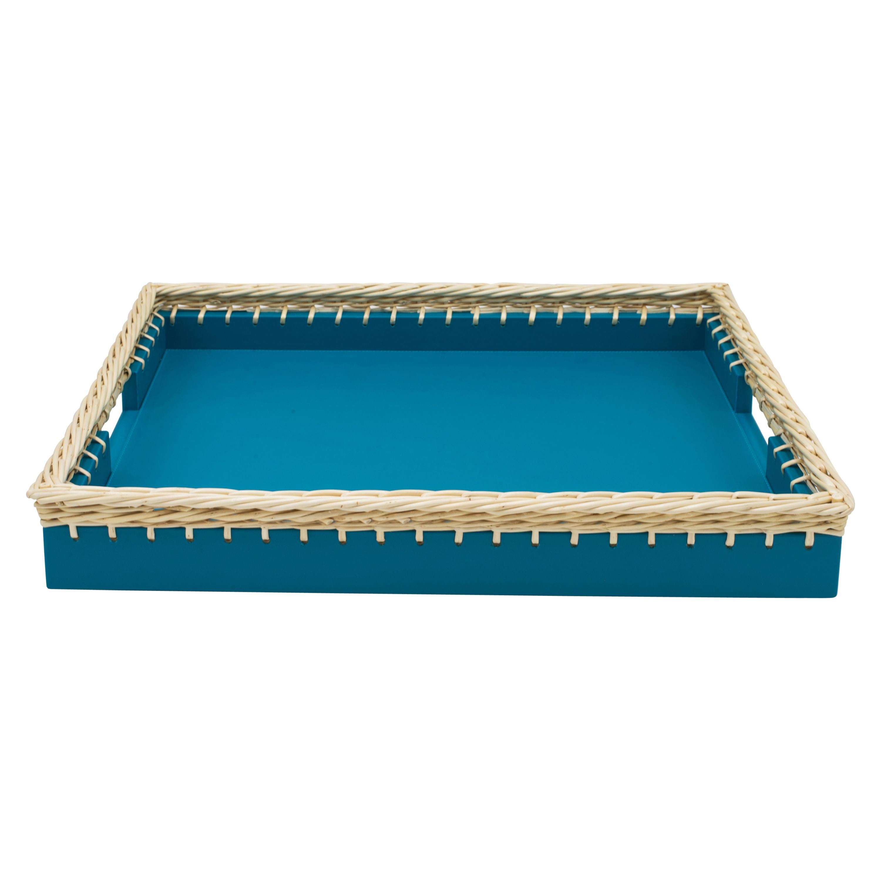 Contemporary Italian Blue Leather and Wicker Tray For Sale