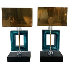 Contemporary Italian Blue Murano Glass Lamps with Black Base and Brass Shades