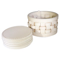 Contemporary Italian Woven Beige Leather Riviere Coaster Set