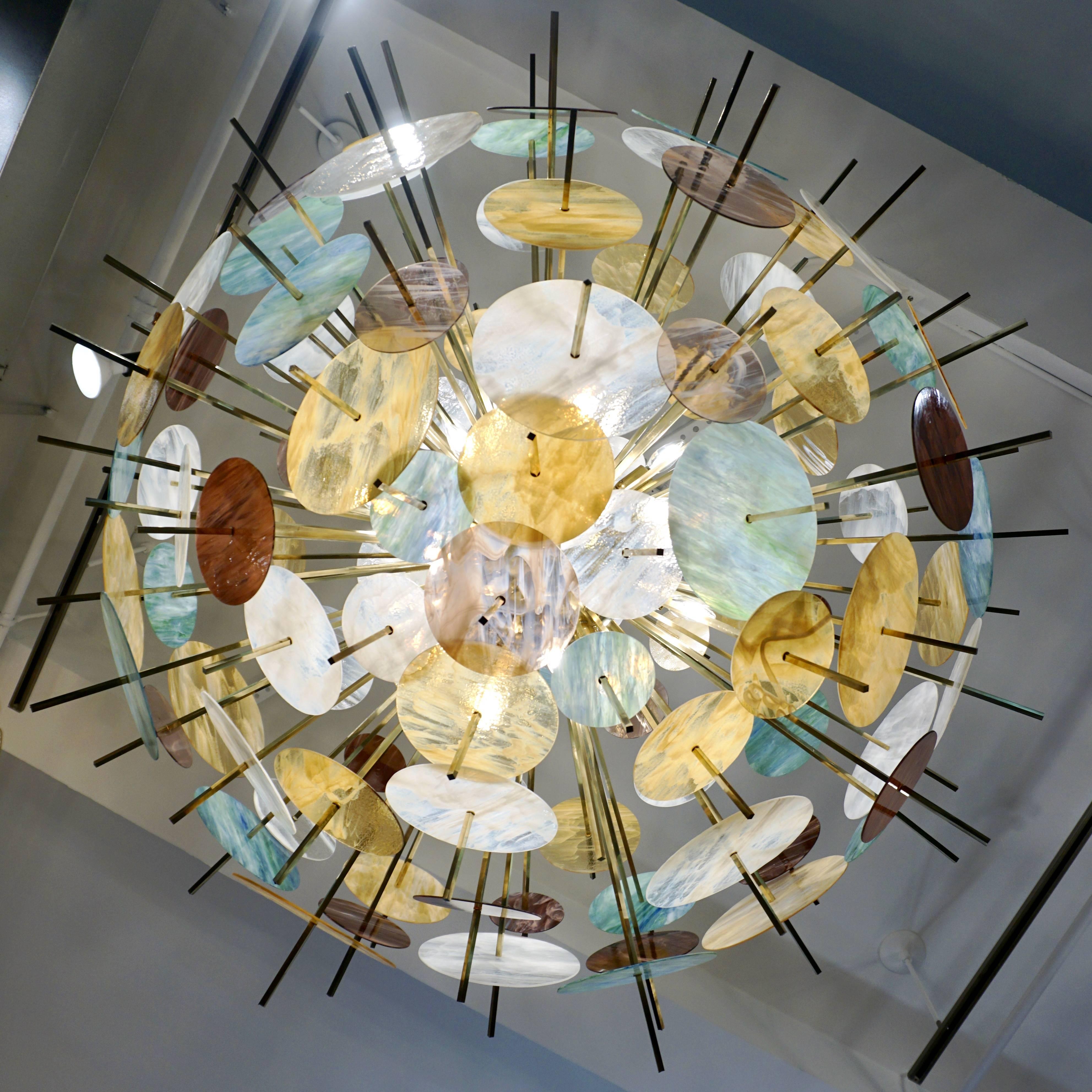 Italian Contemporary Brass & Pastel Murano Glass Oval Sputnik Modern Chandelier For Sale 6