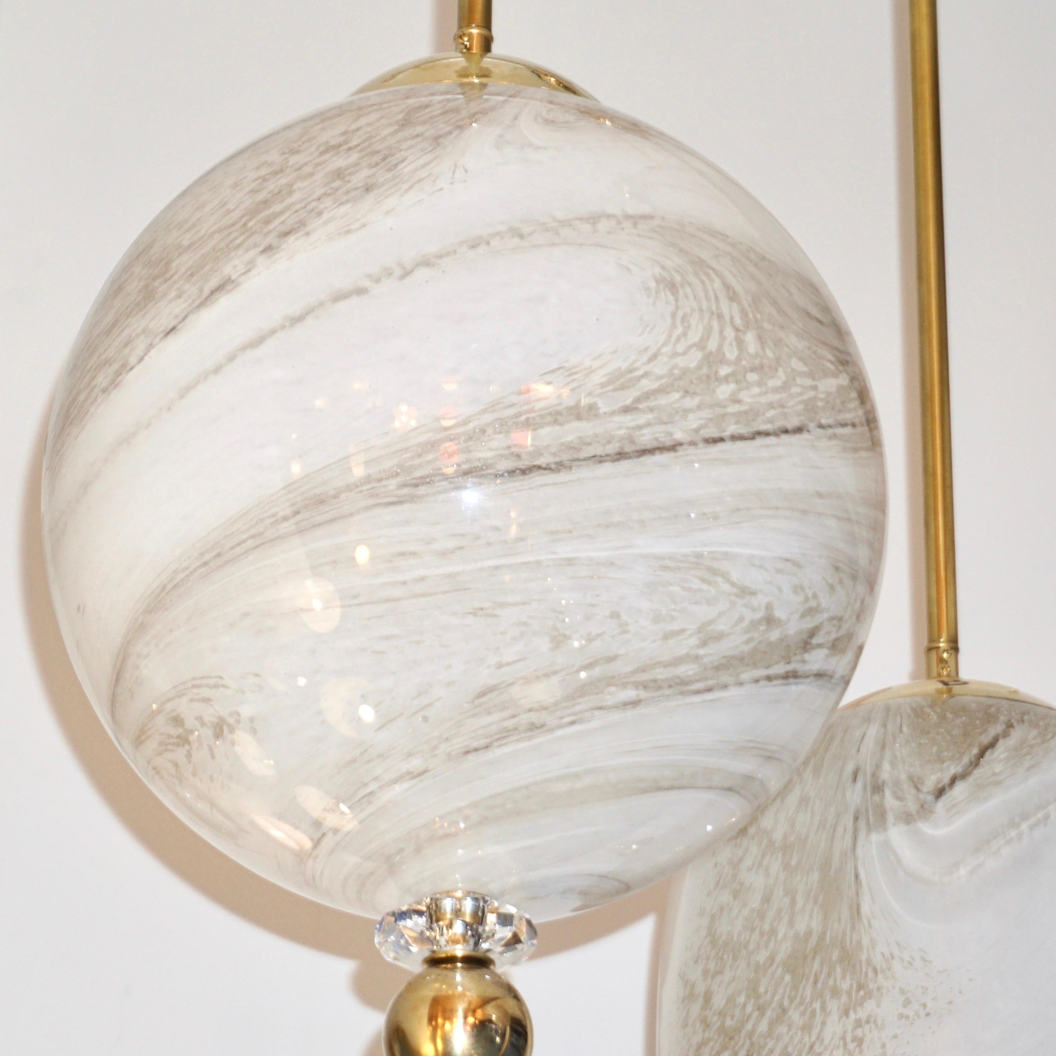 Contemporary Italian Brass and Cream White Alabaster Glass Round Pendant Light For Sale 1