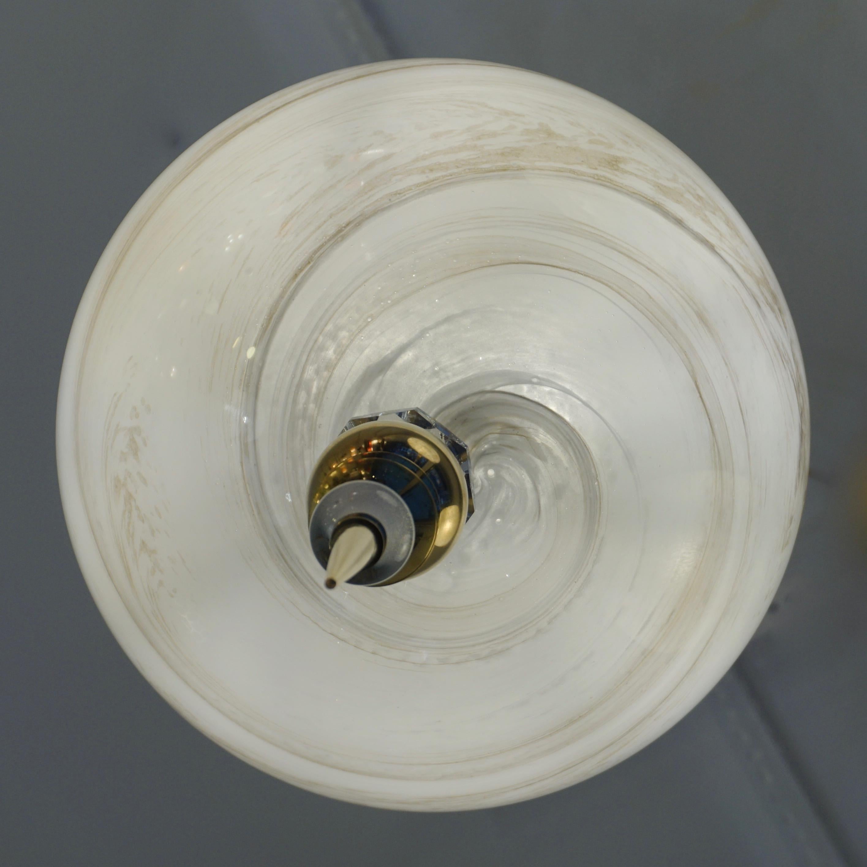 Contemporary Italian Brass and Cream White Alabaster Glass Round Pendant Light For Sale 2