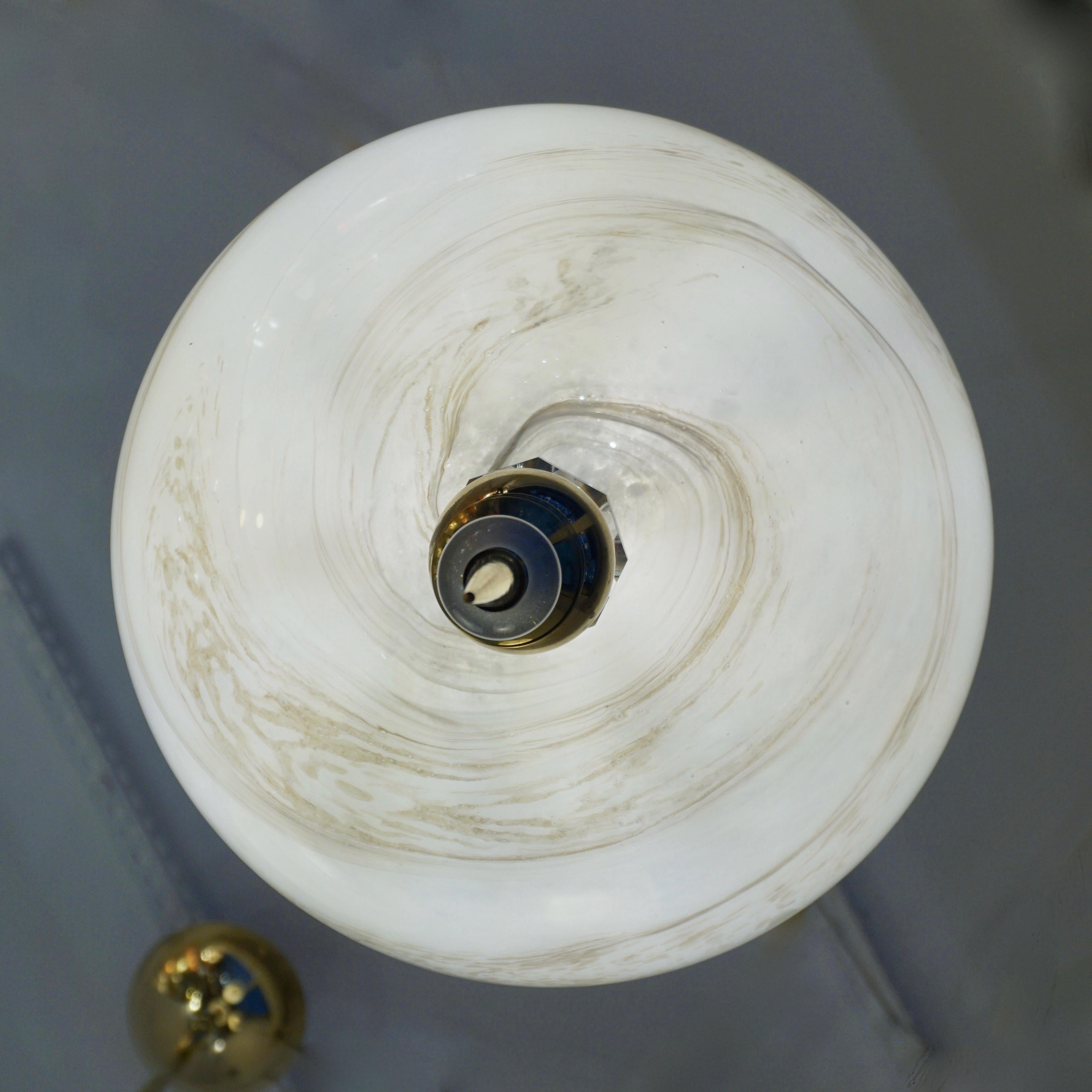 Contemporary Italian Brass and Cream White Alabaster Glass Round Pendant Light For Sale 8