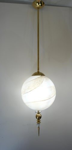 Contemporary Italian Brass and Cream White Alabaster Glass Round Pendant Light