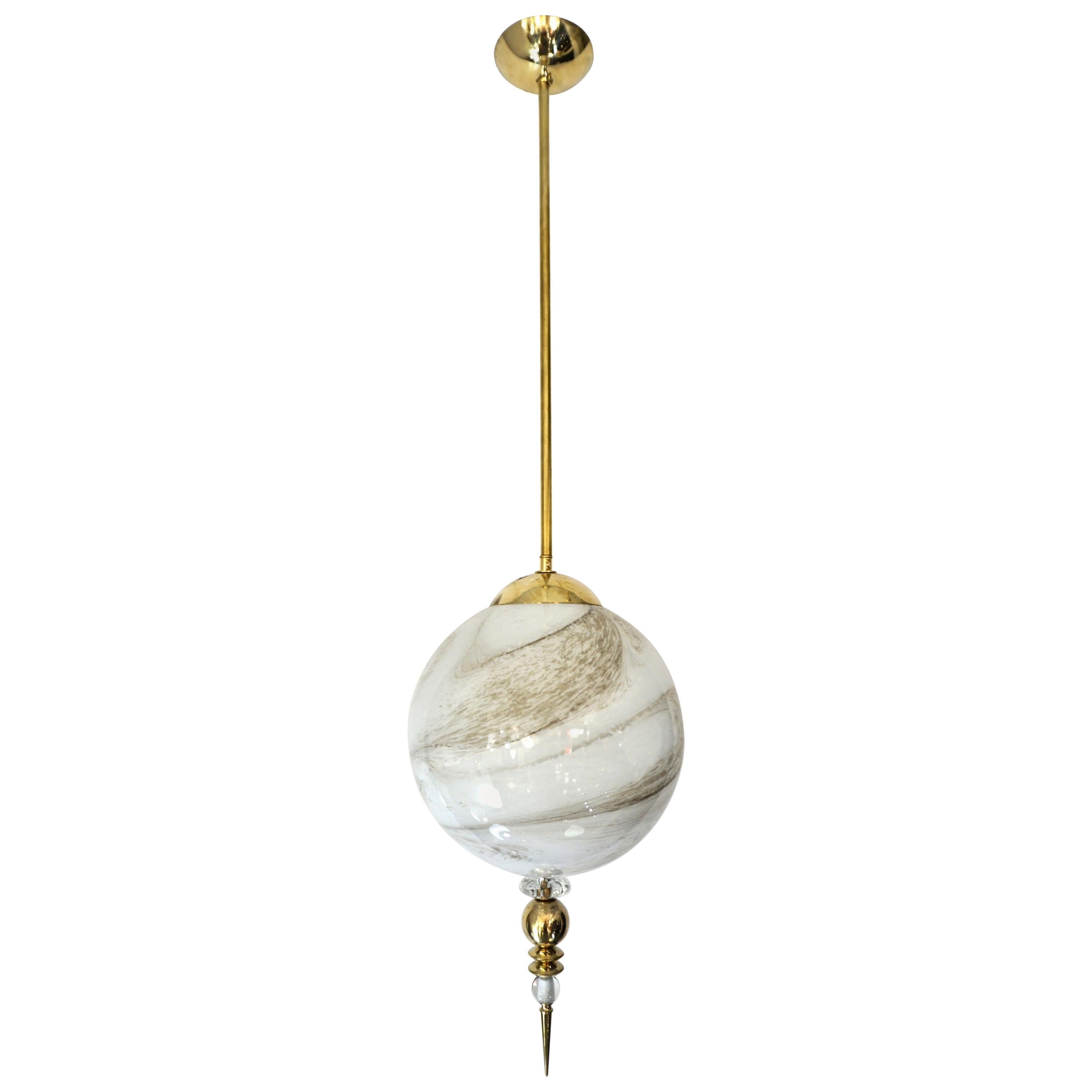 Contemporary Italian Brass and Cream White Alabaster Glass Round Pendant Light For Sale