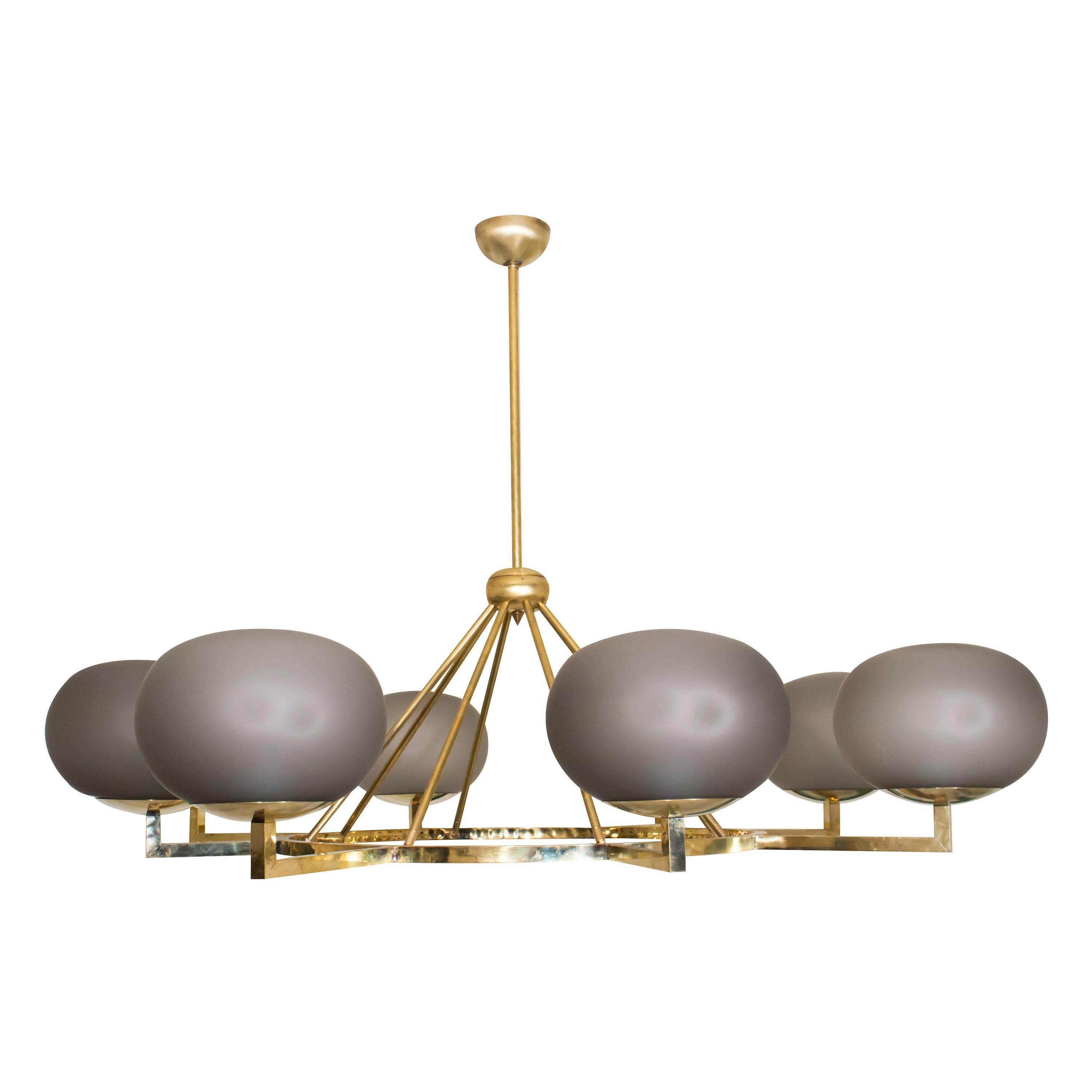 Contemporary Italian Brass and Grey Glass Chandelier