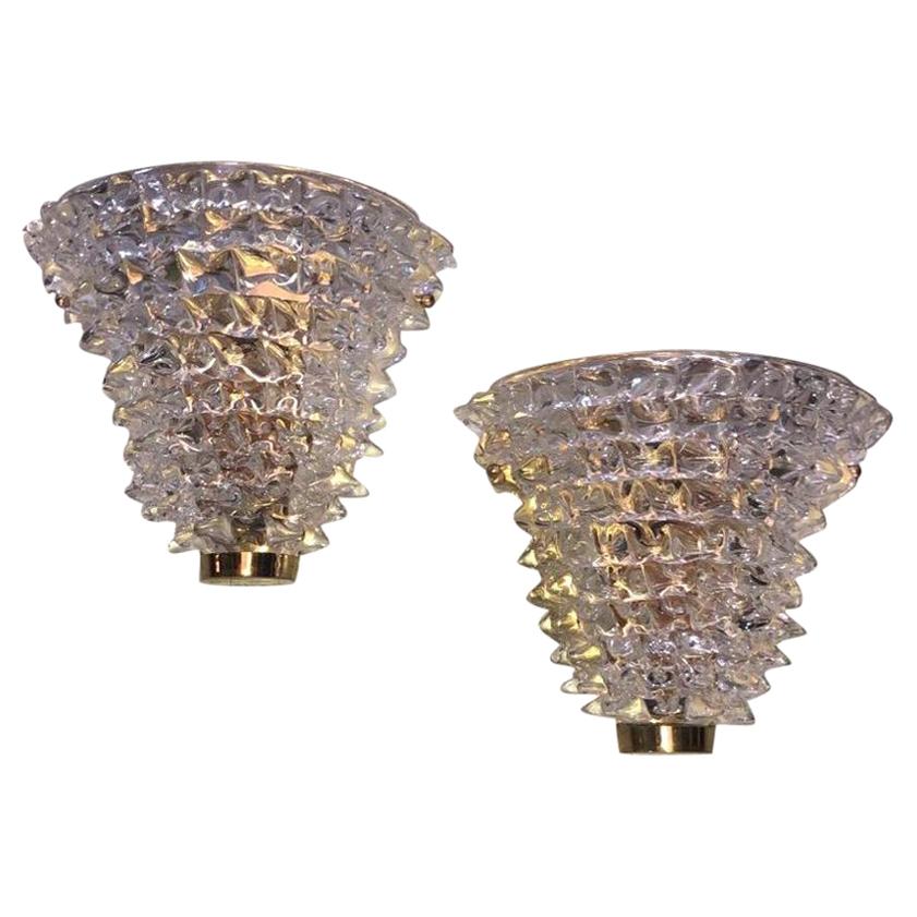 Contemporary Italian Brass Crystal Rostrato Textured Murano Glass Modern Sconces