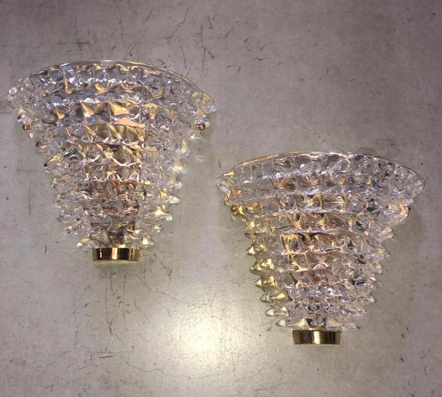 Contemporary Italian Brass & Crystal Rostrato Textured Murano Glass Sconces For Sale 4