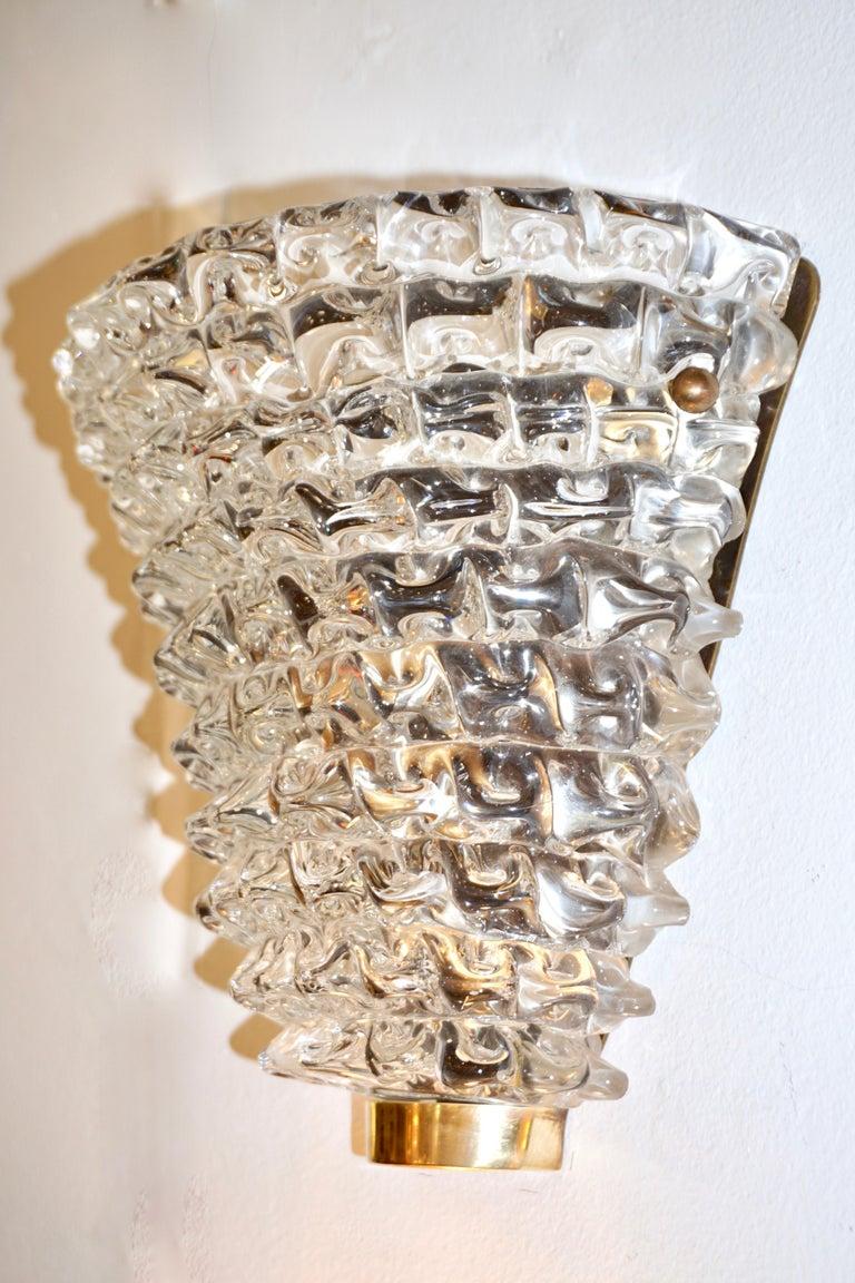 Contemporary Italian Brass & Crystal Rostrato Textured Murano Glass Sconces For Sale 6