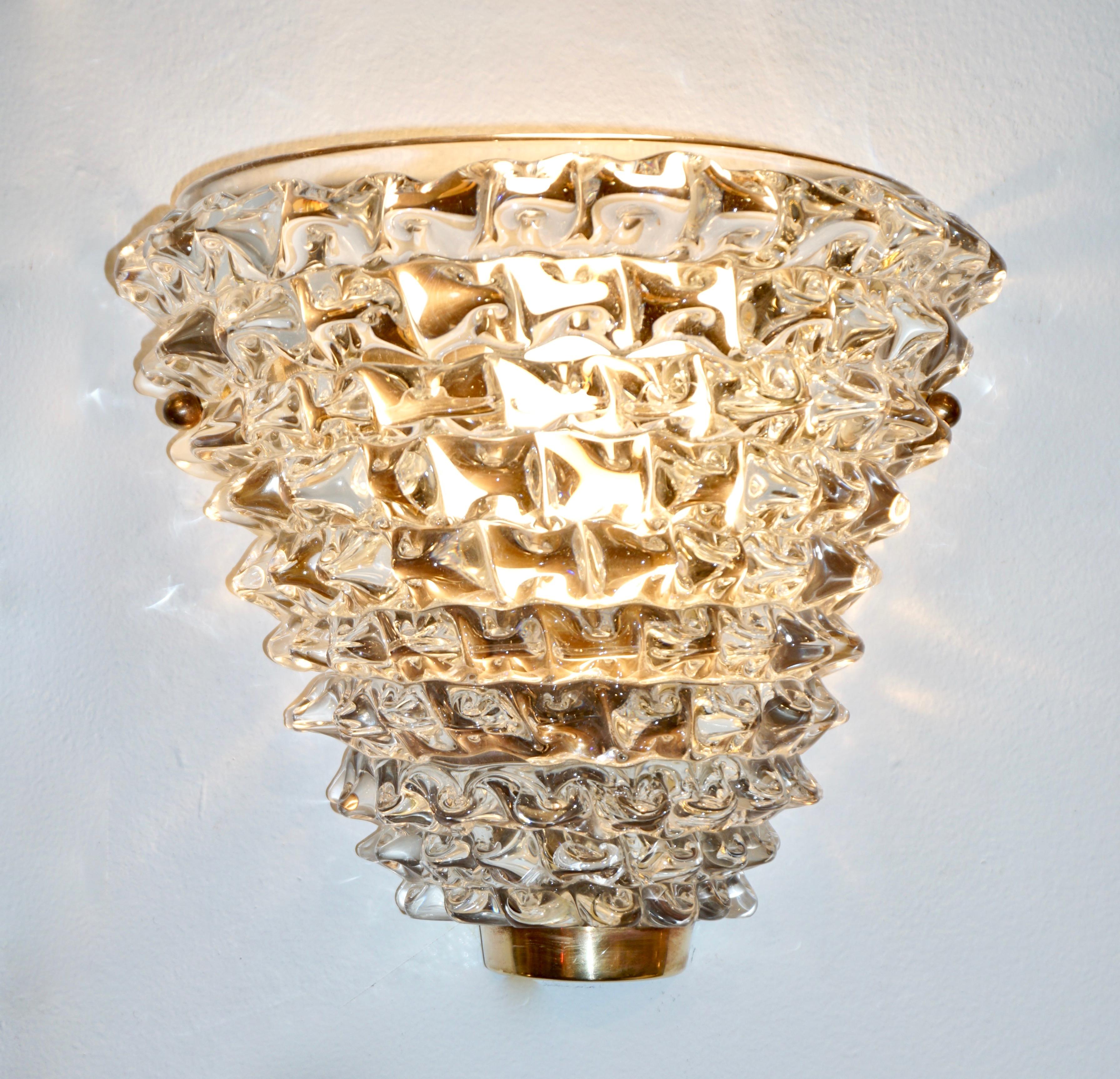 Contemporary Italian Brass & Crystal Rostrato Textured Murano Glass Sconces For Sale 6