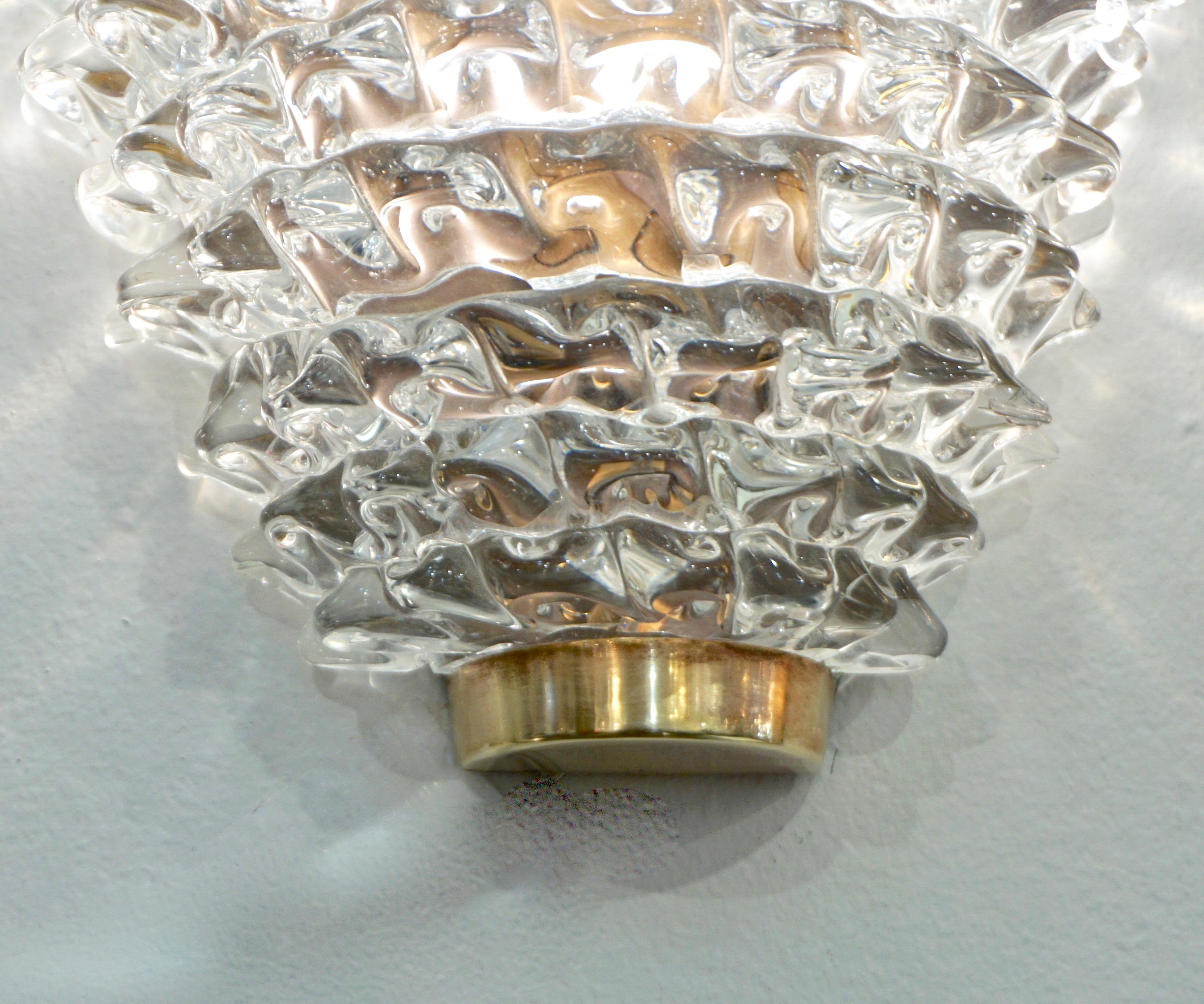 Organic Modern Contemporary Italian Brass & Crystal Rostrato Textured Murano Glass Sconces For Sale