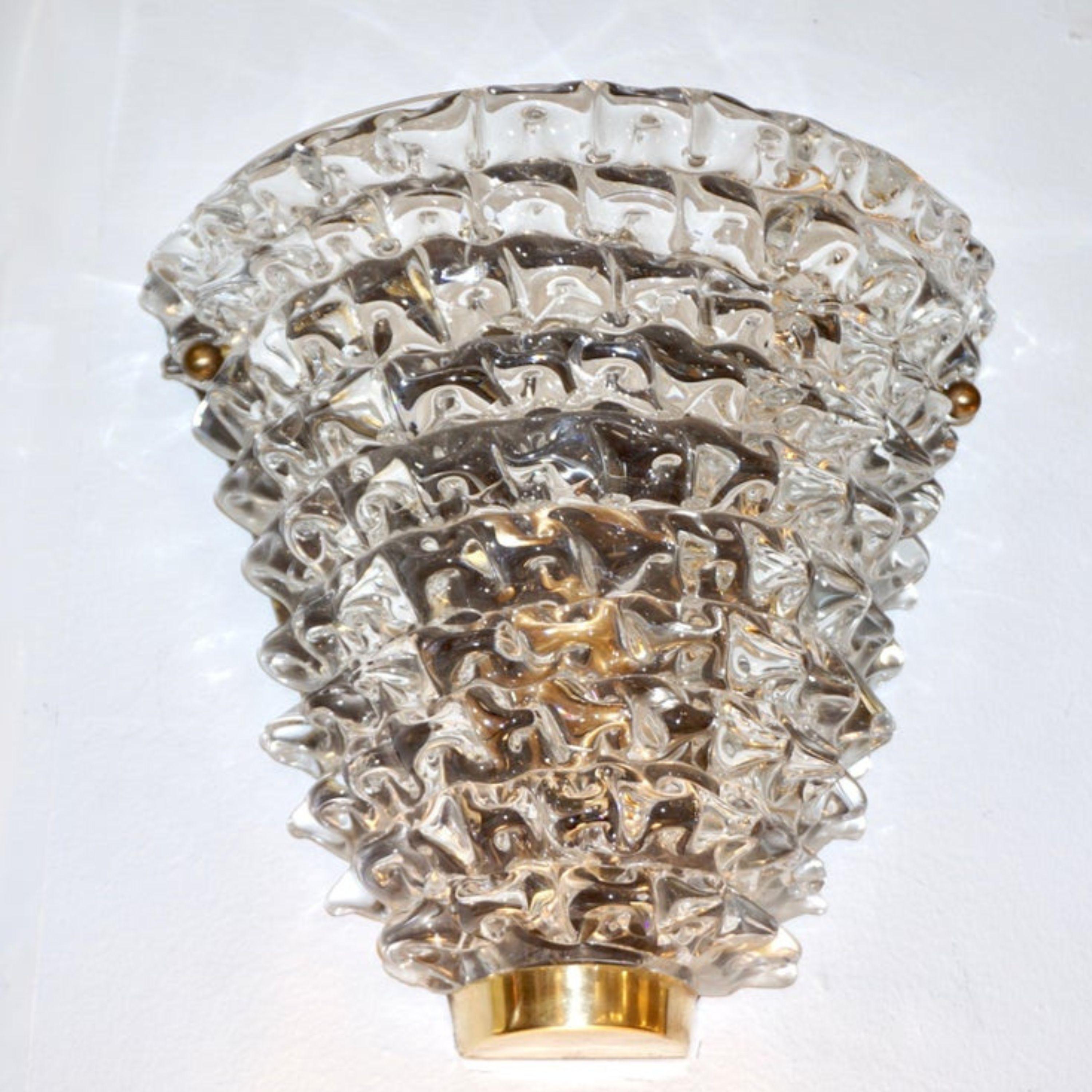 Hand-Crafted Contemporary Italian Brass & Crystal Rostrato Textured Murano Glass Sconces For Sale