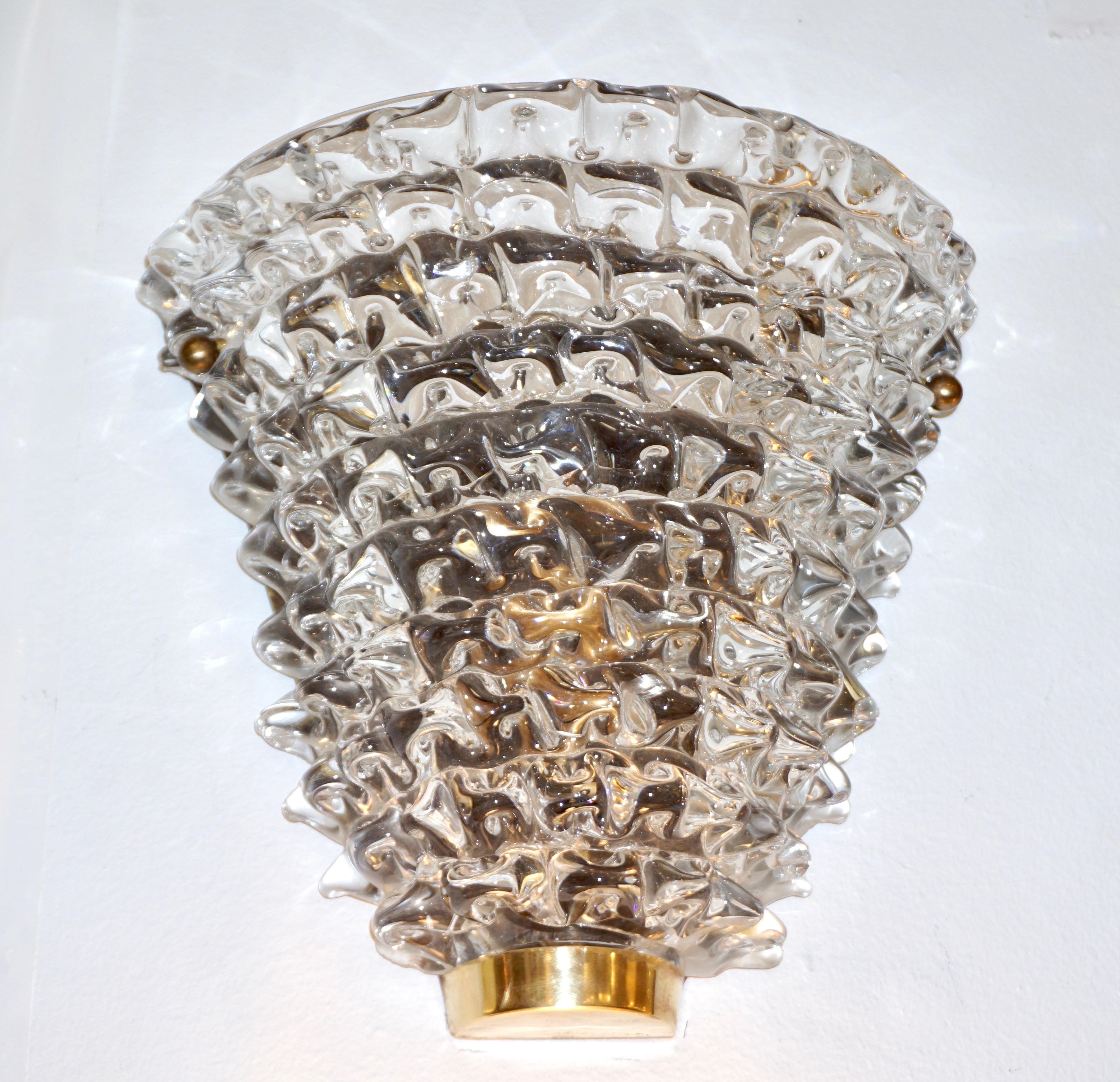 Hand-Crafted Contemporary Italian Brass & Crystal Rostrato Textured Murano Glass Sconces For Sale