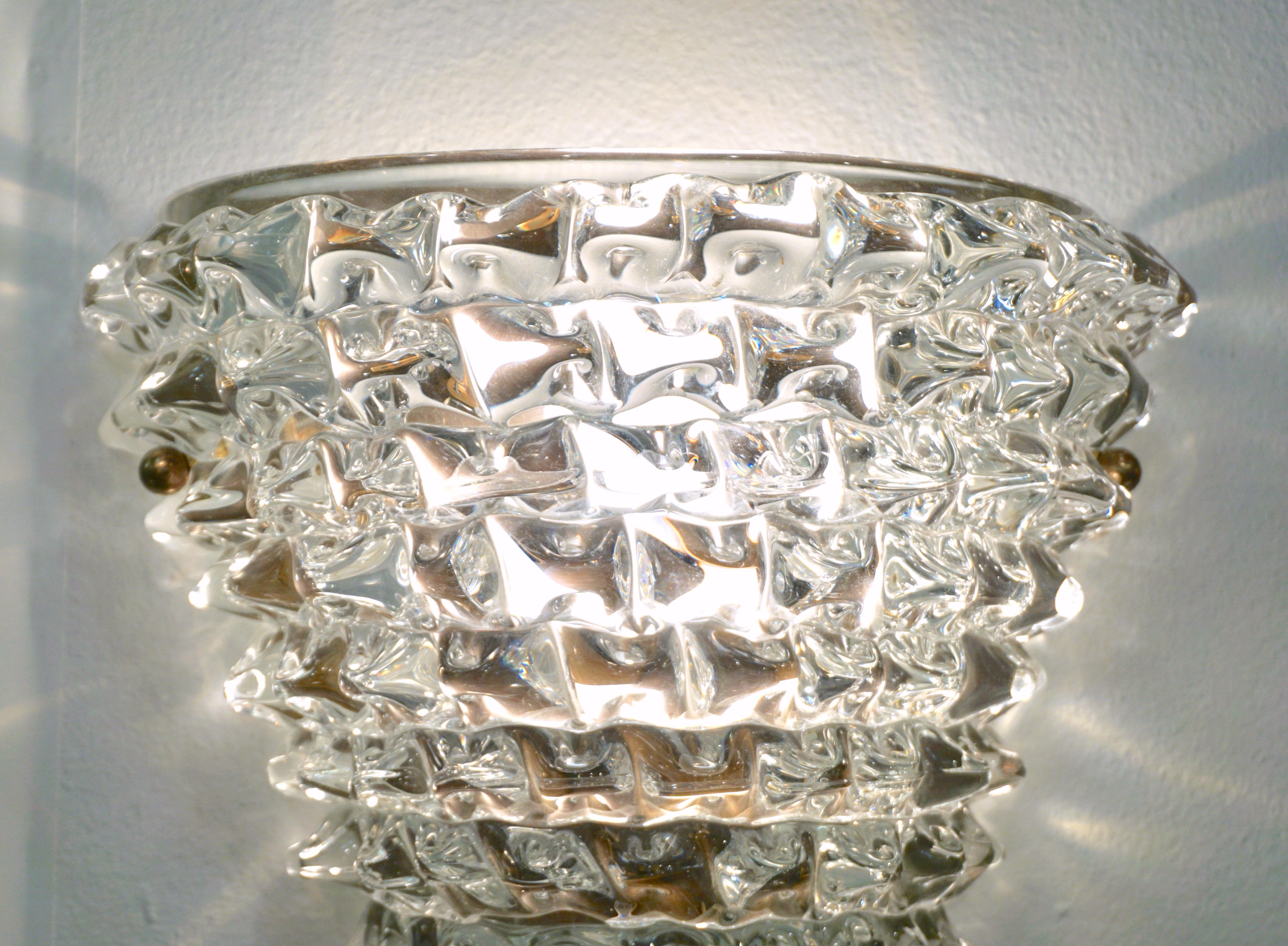 Hand-Crafted Contemporary Italian Brass & Crystal Rostrato Textured Murano Glass Sconce For Sale