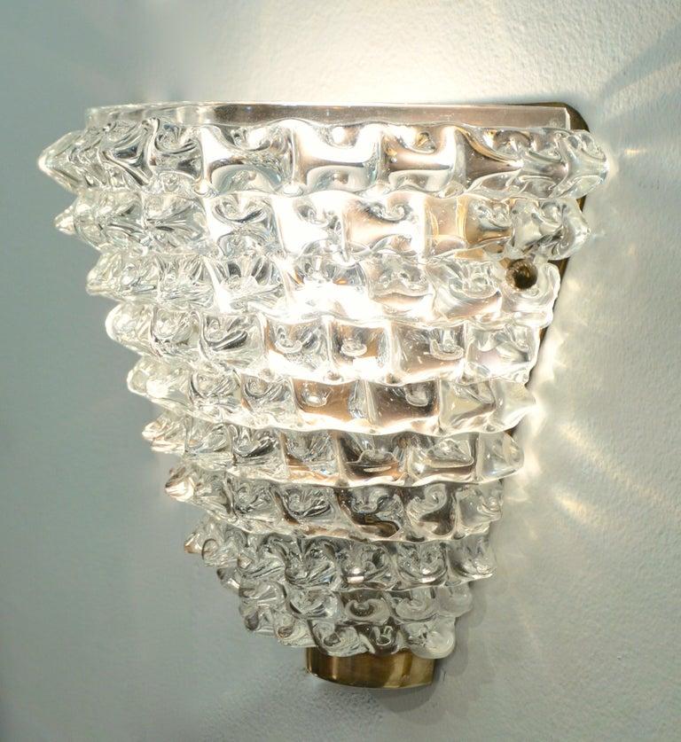 Contemporary Italian Brass & Crystal Rostrato Textured Murano Glass Sconces For Sale 1