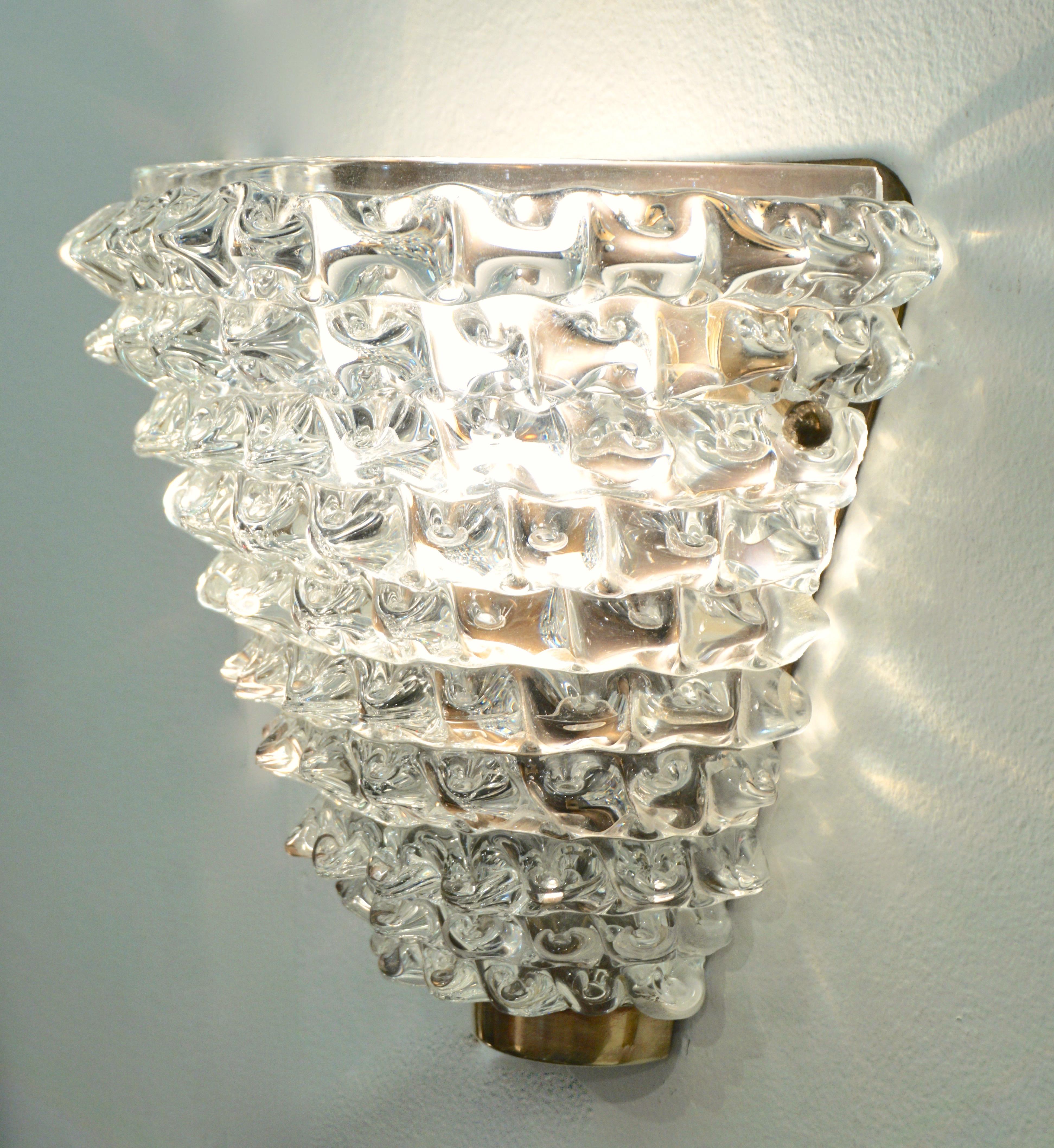 Art Glass Contemporary Italian Brass & Crystal Rostrato Textured Murano Glass Sconces For Sale