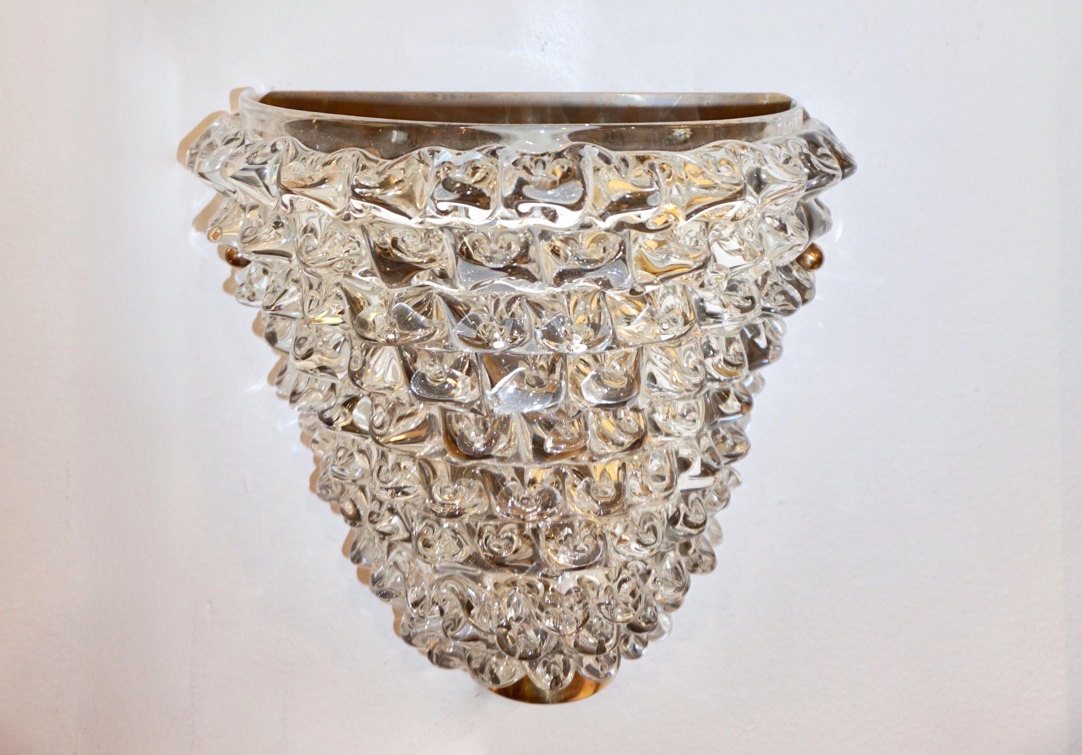 Contemporary Italian Brass & Crystal Rostrato Textured Murano Glass Sconces For Sale 1