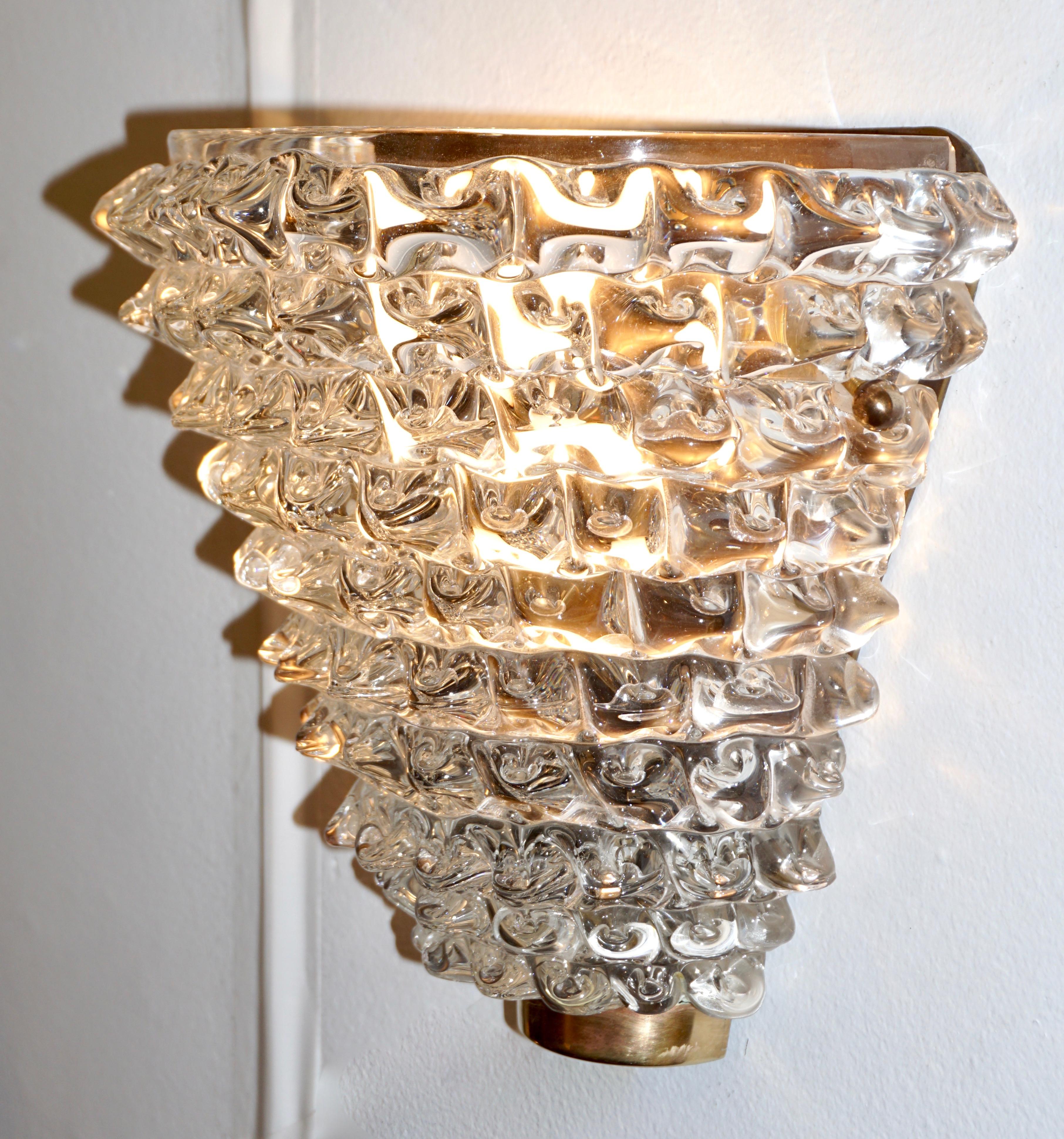 Contemporary Italian Brass & Crystal Rostrato Textured Murano Glass Sconces For Sale 2