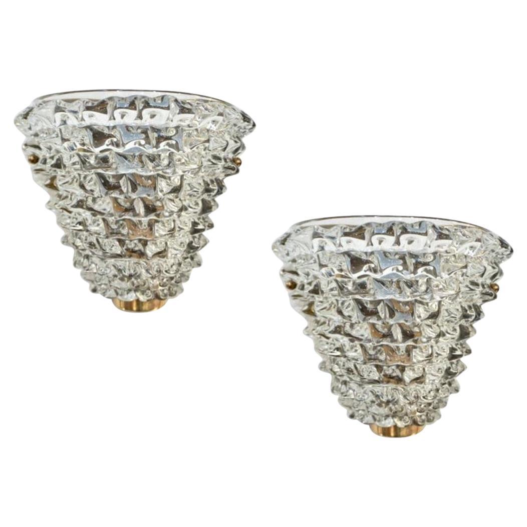 Contemporary Italian Brass & Crystal Rostrato Textured Murano Glass Sconces