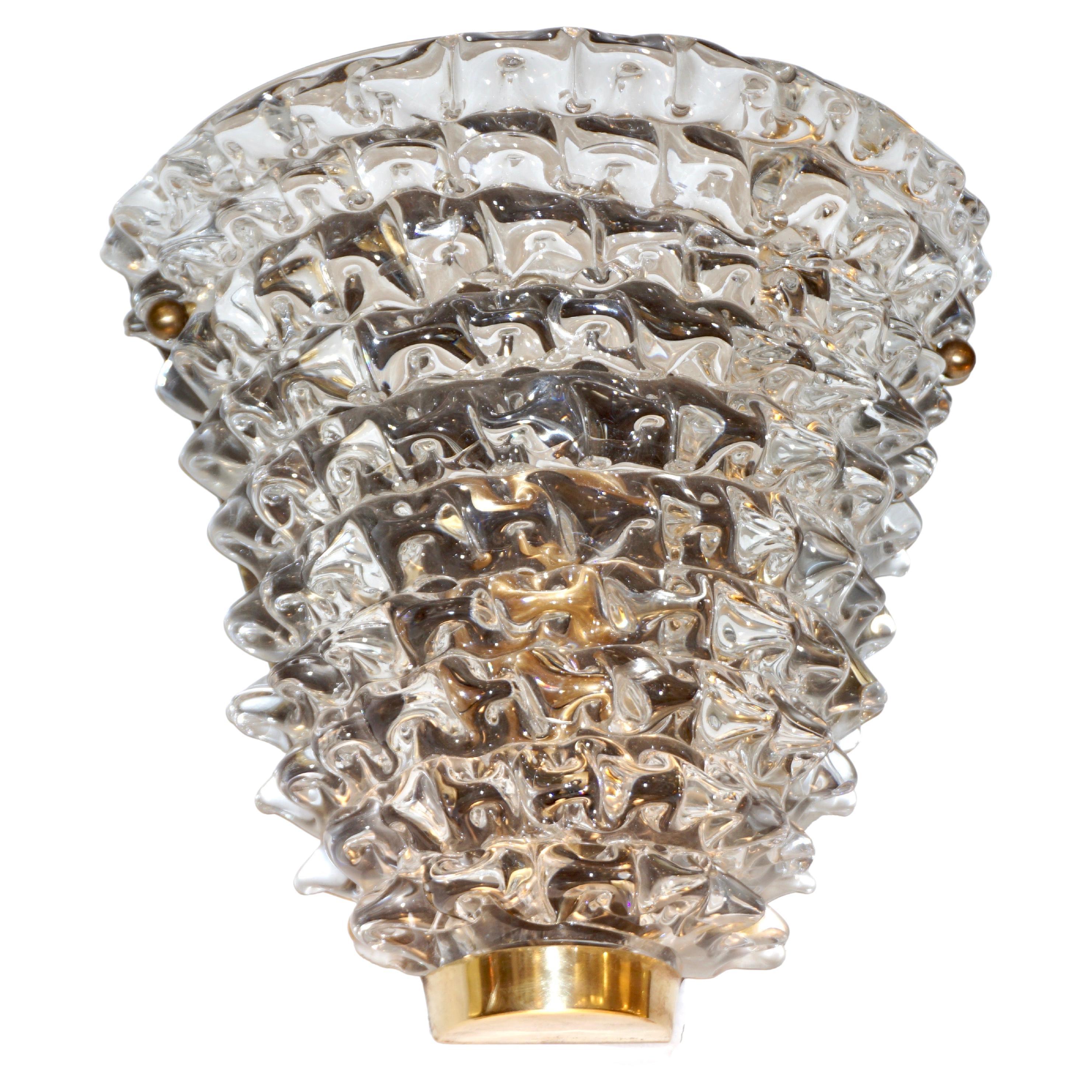 Contemporary Italian Brass & Crystal Rostrato Textured Murano Glass Sconce For Sale