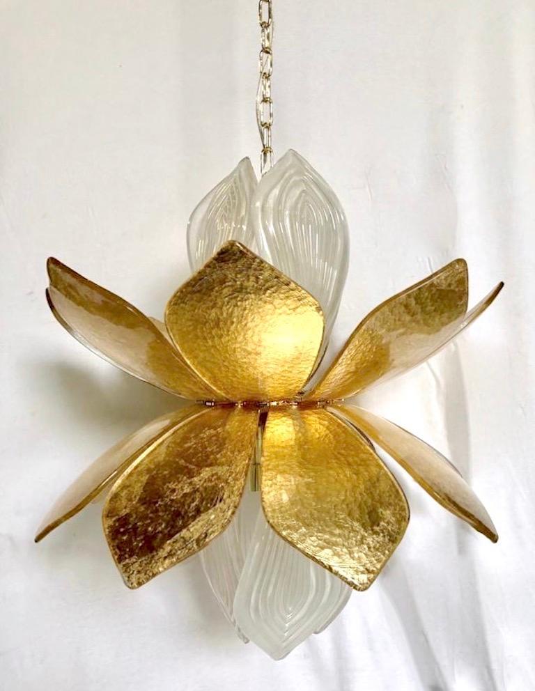 Contemporary Italian Brass Gold Leaf Murano Glass Flower Chandelier Pendant For Sale 5