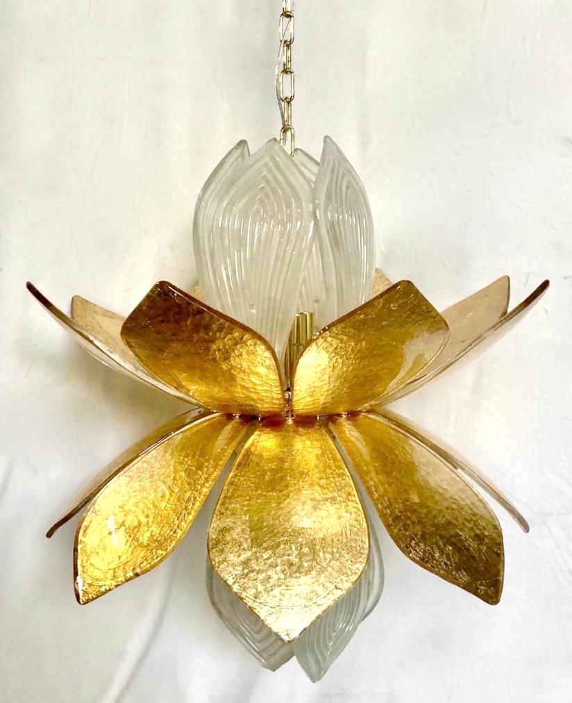 Organic Modern Contemporary Italian Brass Gold Leaf Murano Glass Flower Chandelier Pendant For Sale